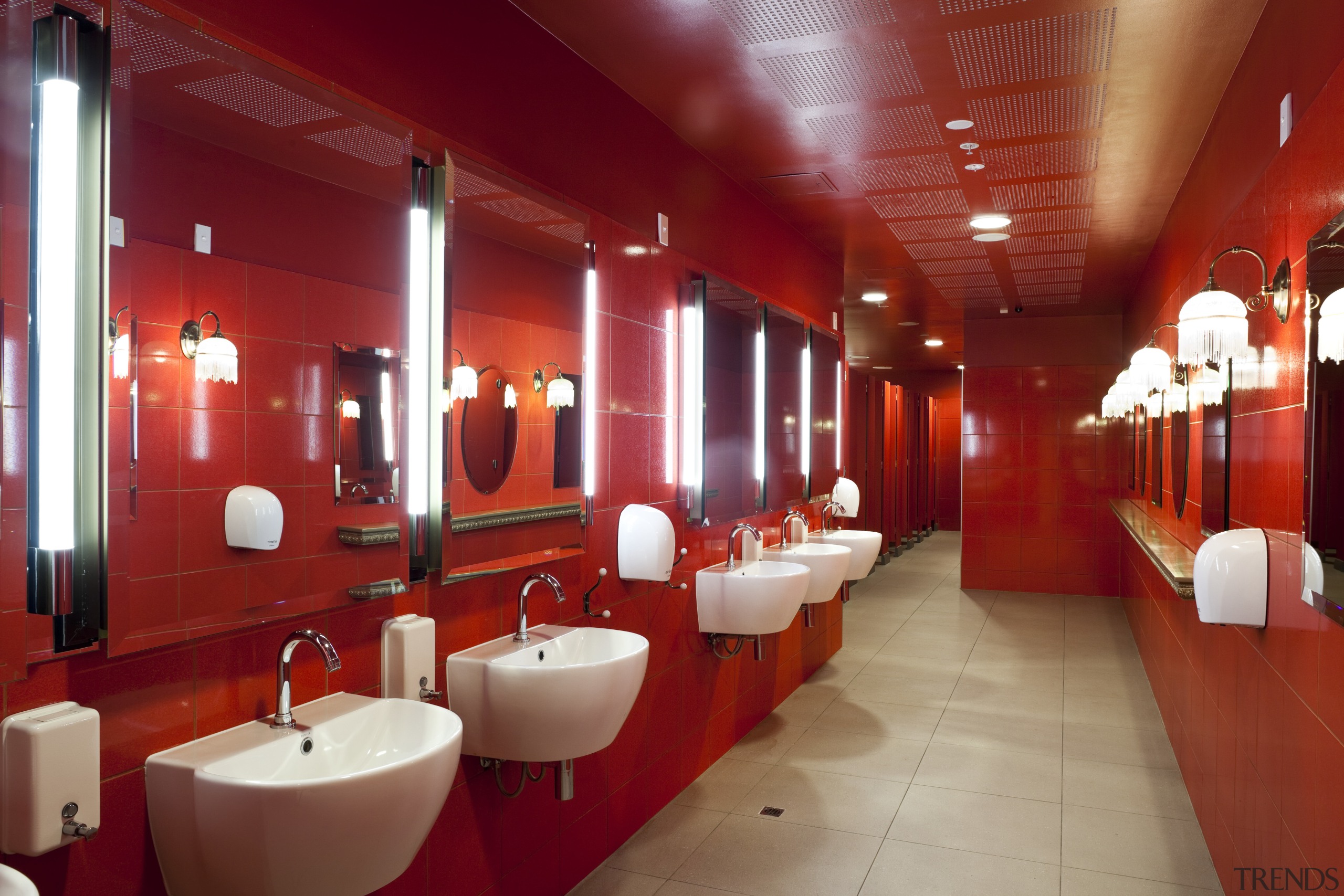 Merquip designed the electronic touch-free tap-ware for this bathroom, ceiling, function hall, interior design, public toilet, restaurant, room, red