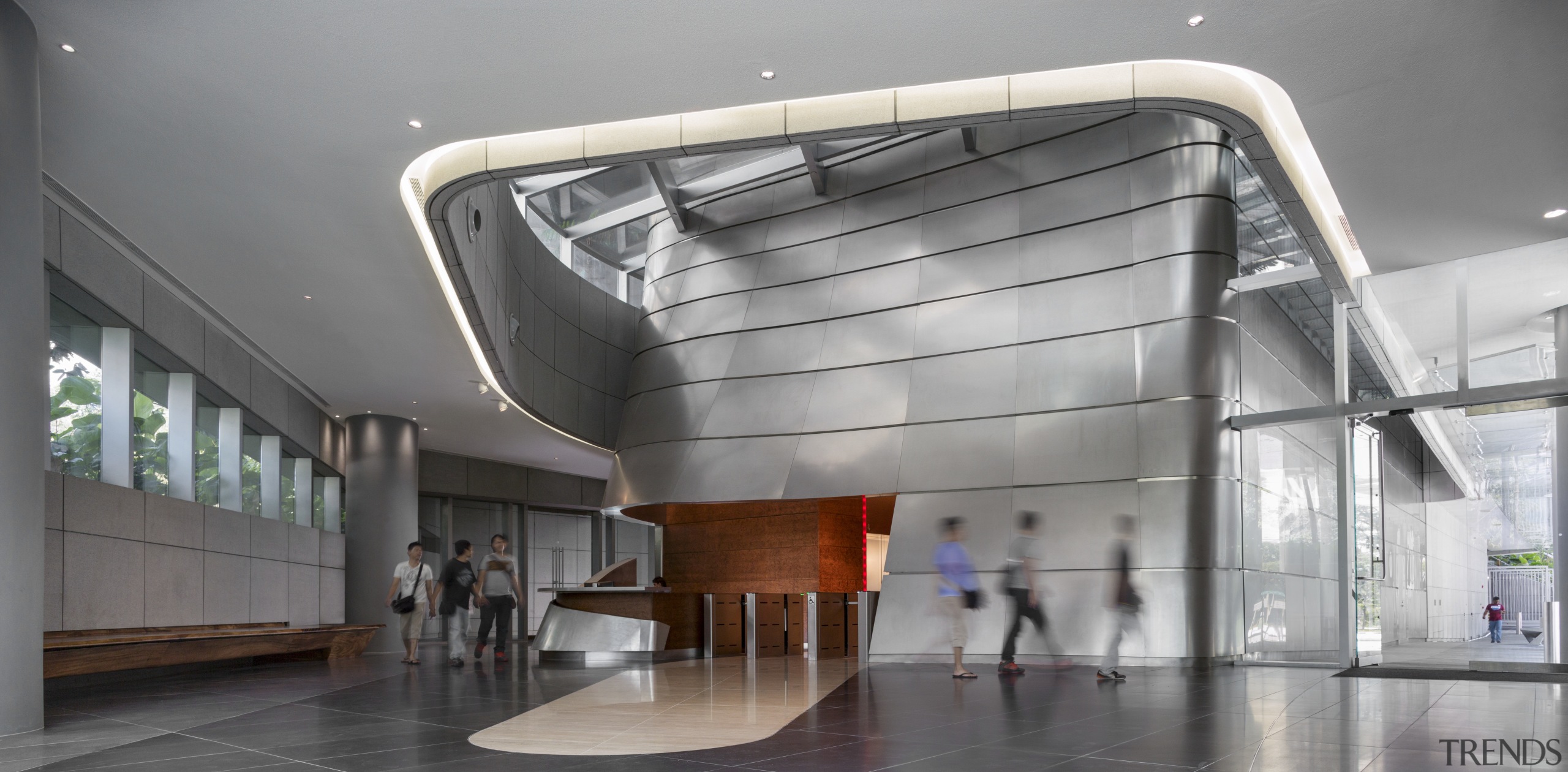 The central pod in the new Sandcrawler office architecture, ceiling, daylighting, interior design, lobby, gray