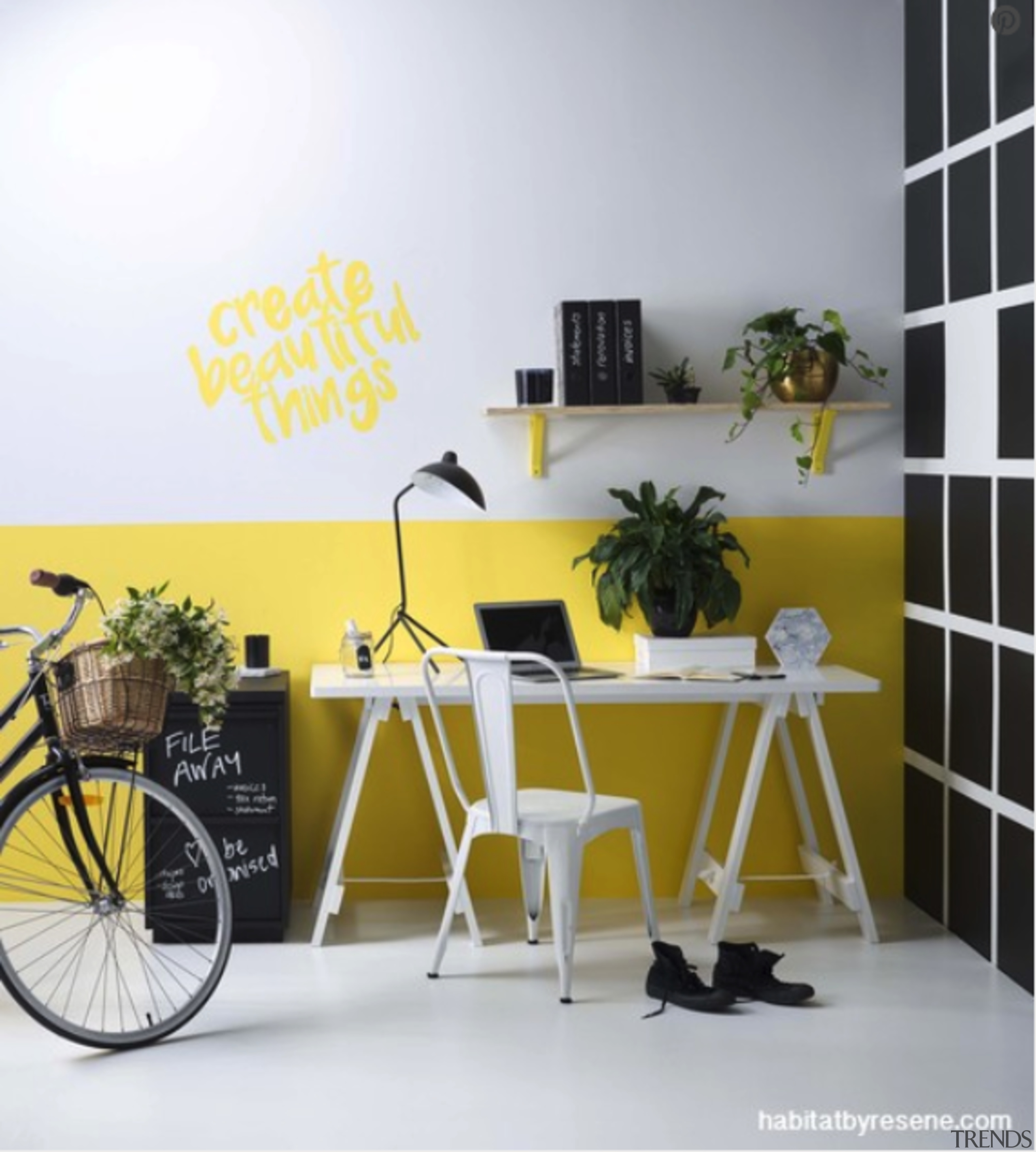 Resene - bicycle | bicycle wheel | chair bicycle, bicycle wheel, chair, design, desk, furniture, interior design, office, room, shelf, table, vehicle, wall, wallpaper, yellow, white