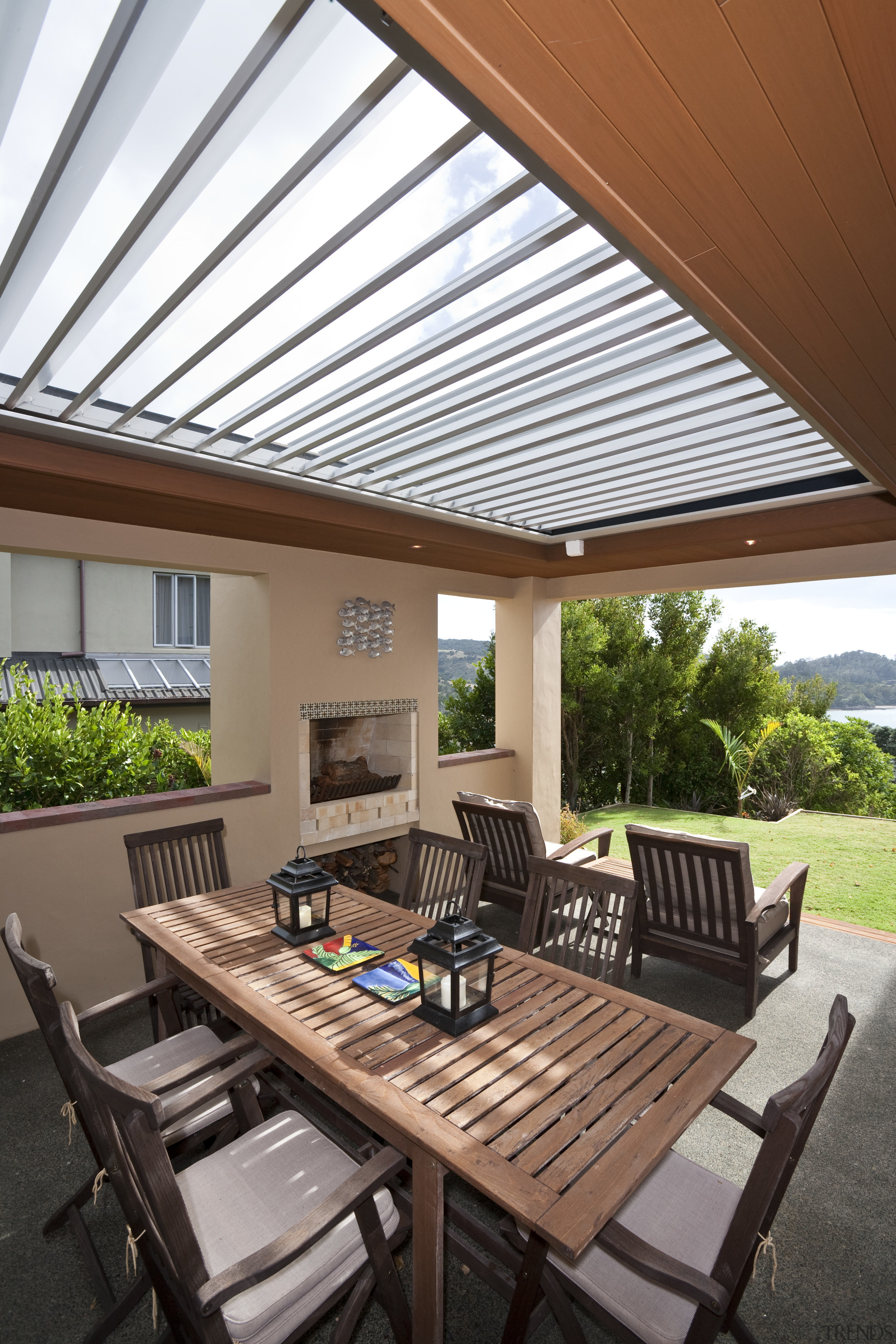 view of the outdoor entertaining area of a daylighting, interior design, outdoor structure, patio, property, real estate, roof, table, brown