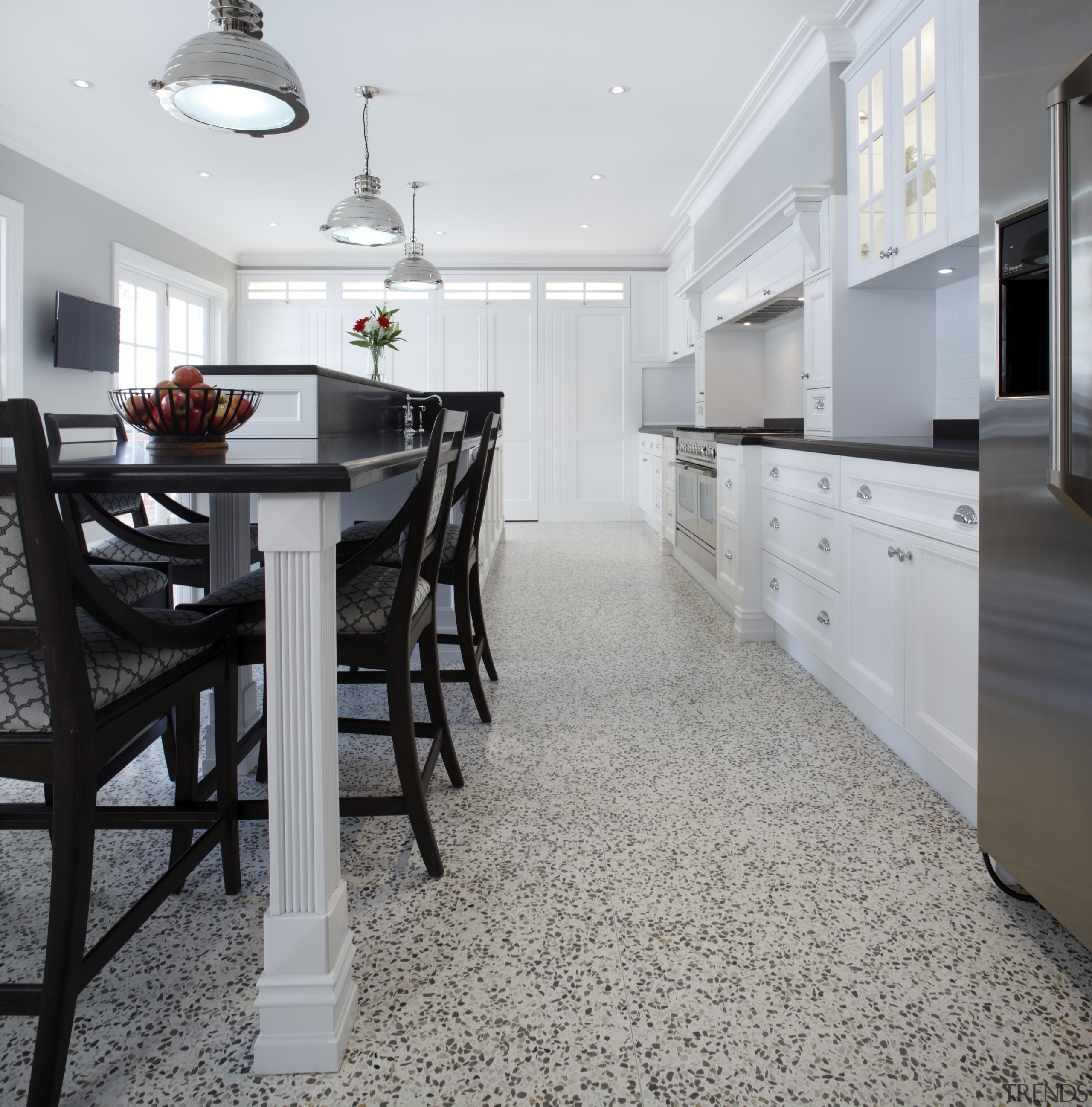 Hamptons-style transitional white kitchen - Hamptons-style transitional white countertop, dining room, floor, flooring, hardwood, home, interior design, kitchen, laminate flooring, room, tile, wood flooring, gray