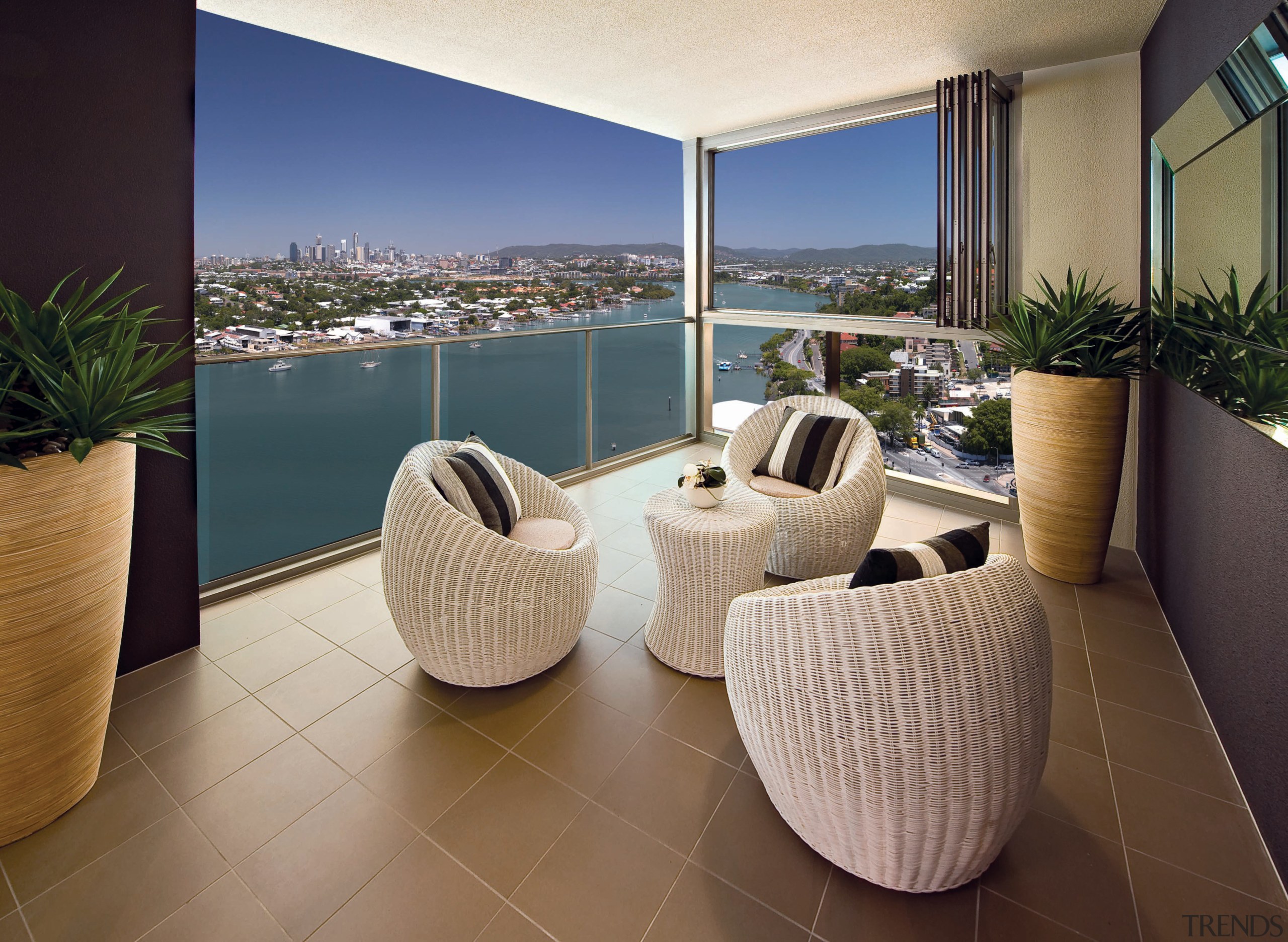 View of Hamilton Harbour apartment patio area with estate, floor, flooring, furniture, home, interior design, living room, property, real estate, table, brown, gray