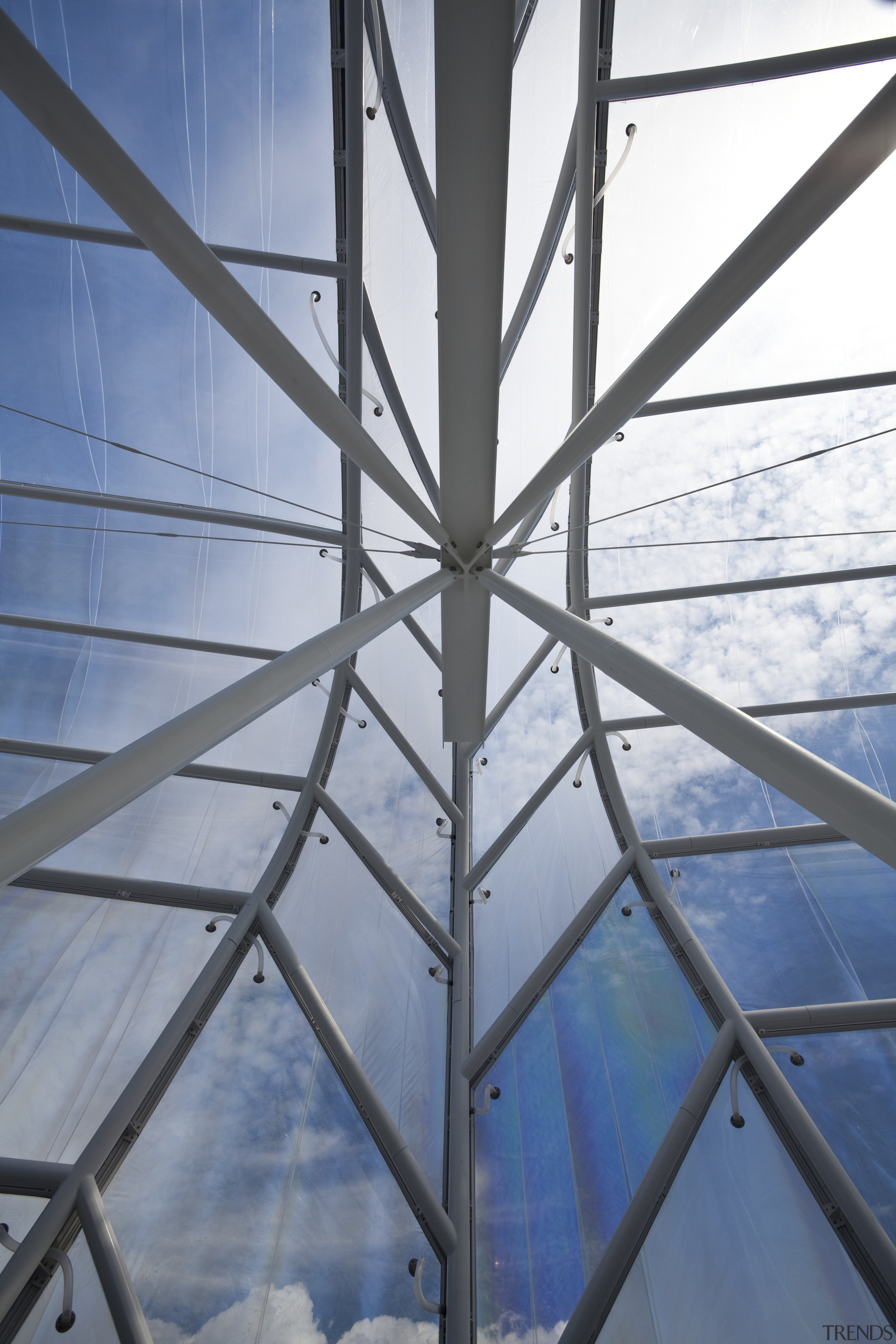 View of the ETFE canopy of Eden Park architecture, building, daylighting, daytime, glass, line, sky, structure, symmetry, gray