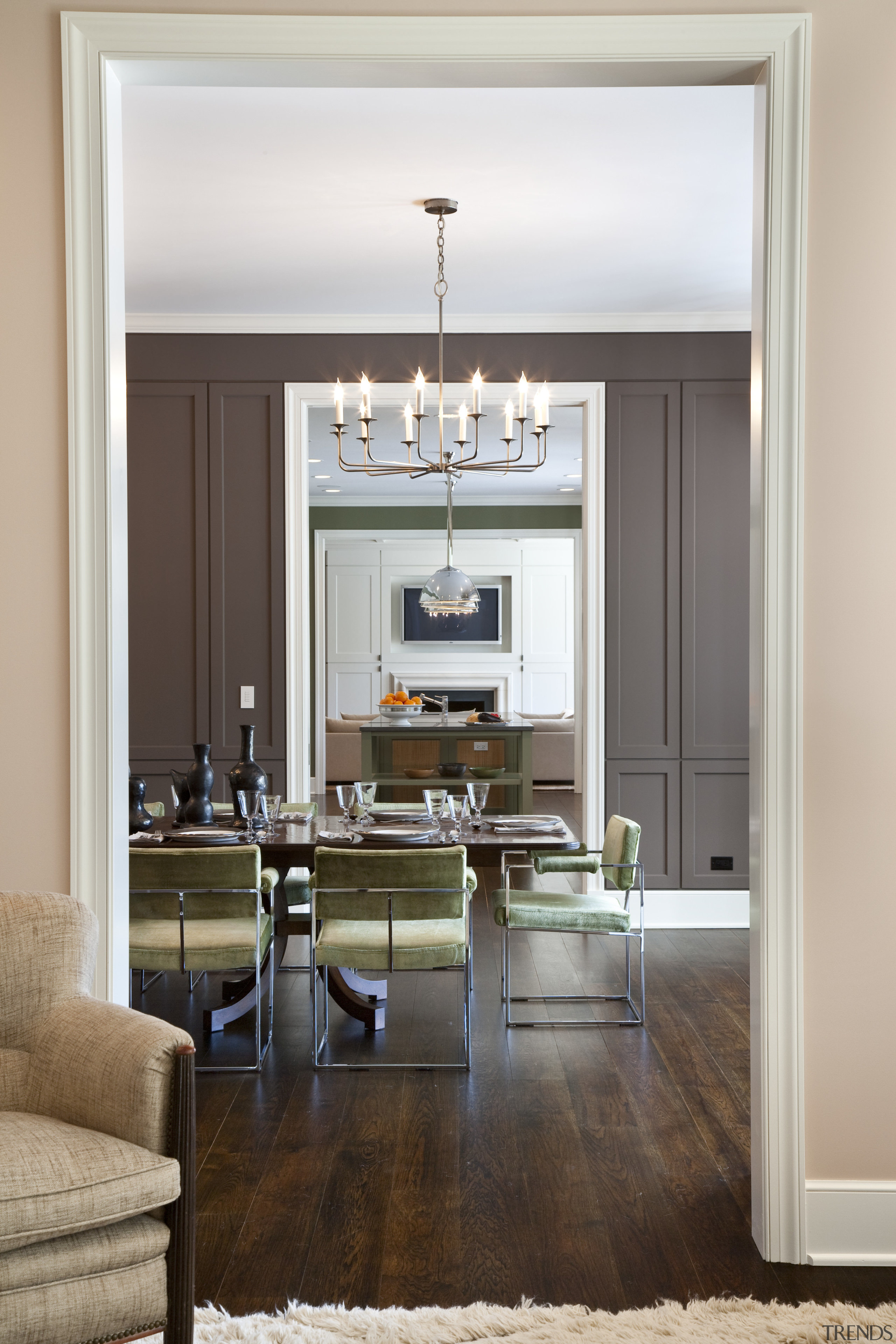 View of living area featuring wide plank Hickory dining room, floor, furniture, home, interior design, kitchen, living room, room, table, window, gray