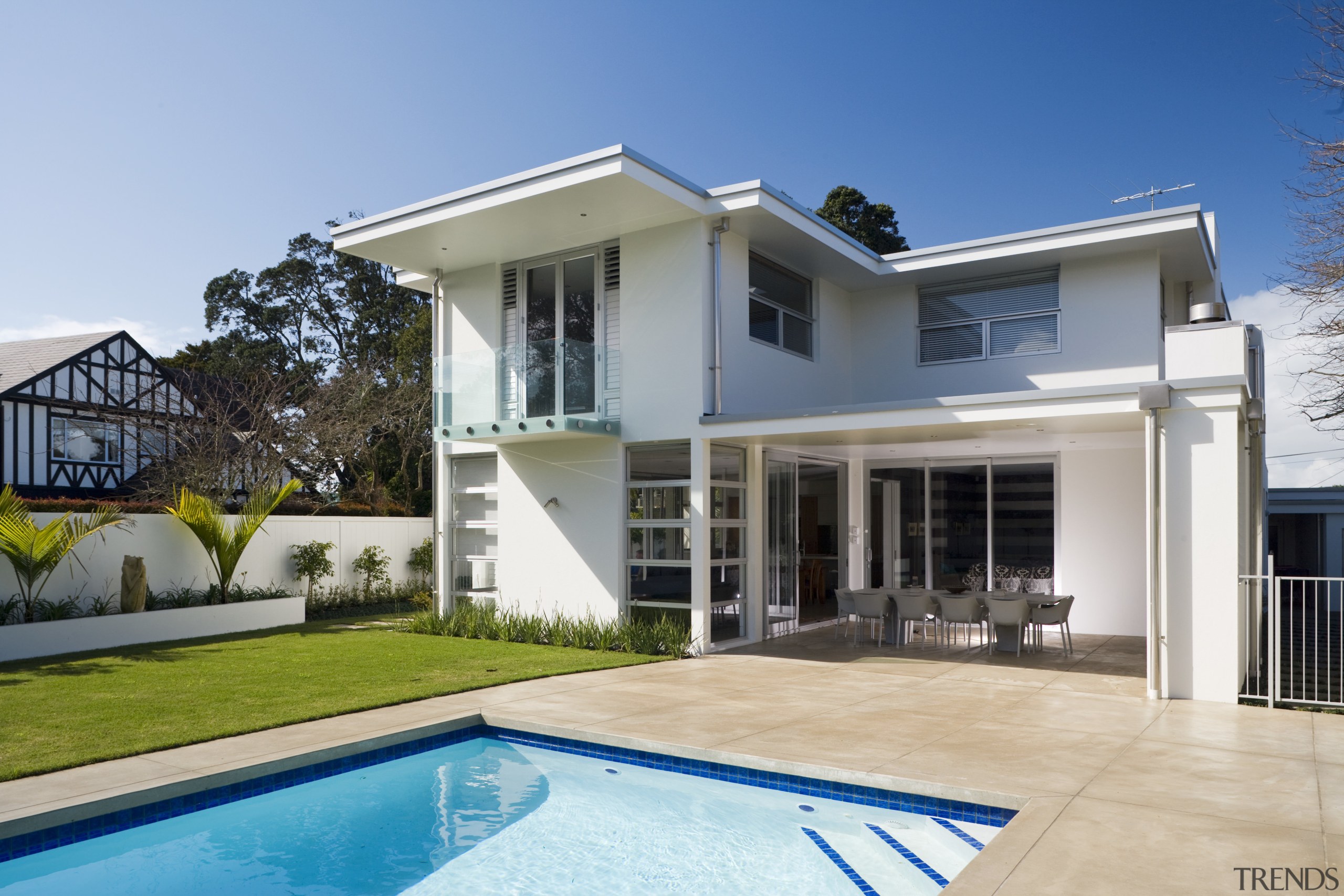 The height of the roof above the alfresco architecture, building, elevation, estate, facade, home, house, mansion, property, real estate, residential area, swimming pool, villa, window, gray, teal