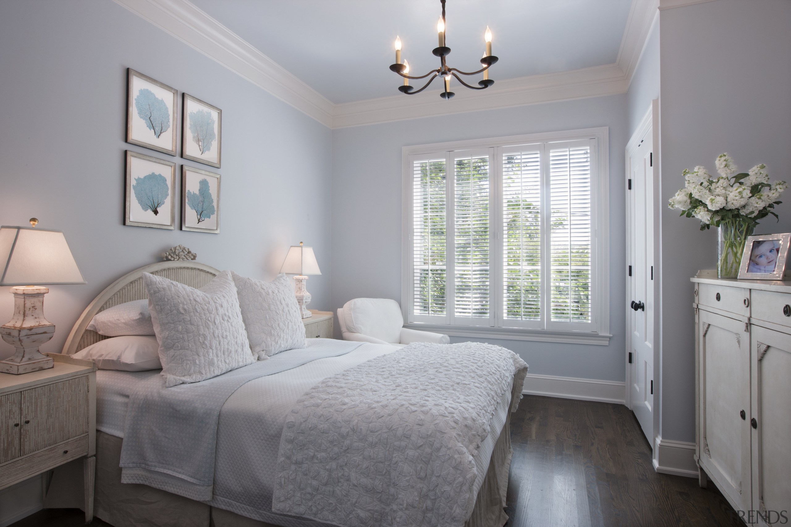 A steeply pitched gable roof and traditional detailing bed frame, bed sheet, bedding, bedroom, ceiling, estate, floor, home, interior design, property, real estate, room, wall, window, window treatment, gray