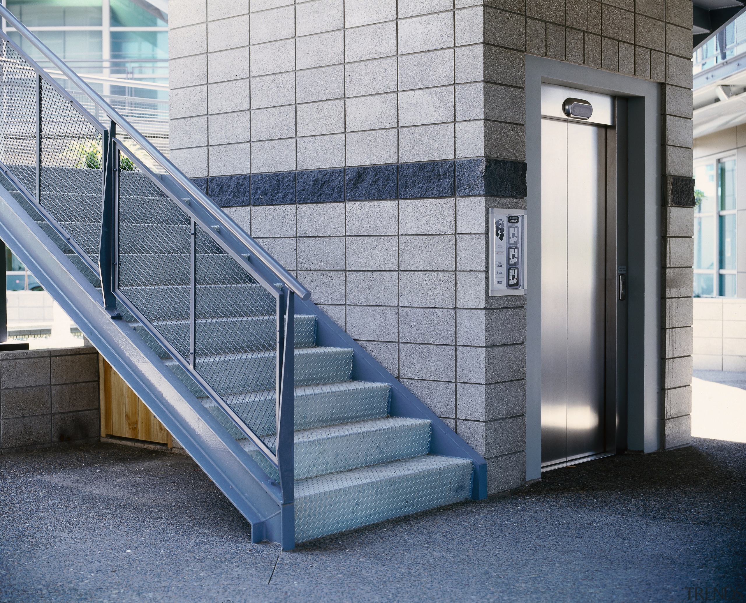 A view of the Jalcon homes building. - architecture, glass, handrail, stairs, structure, gray