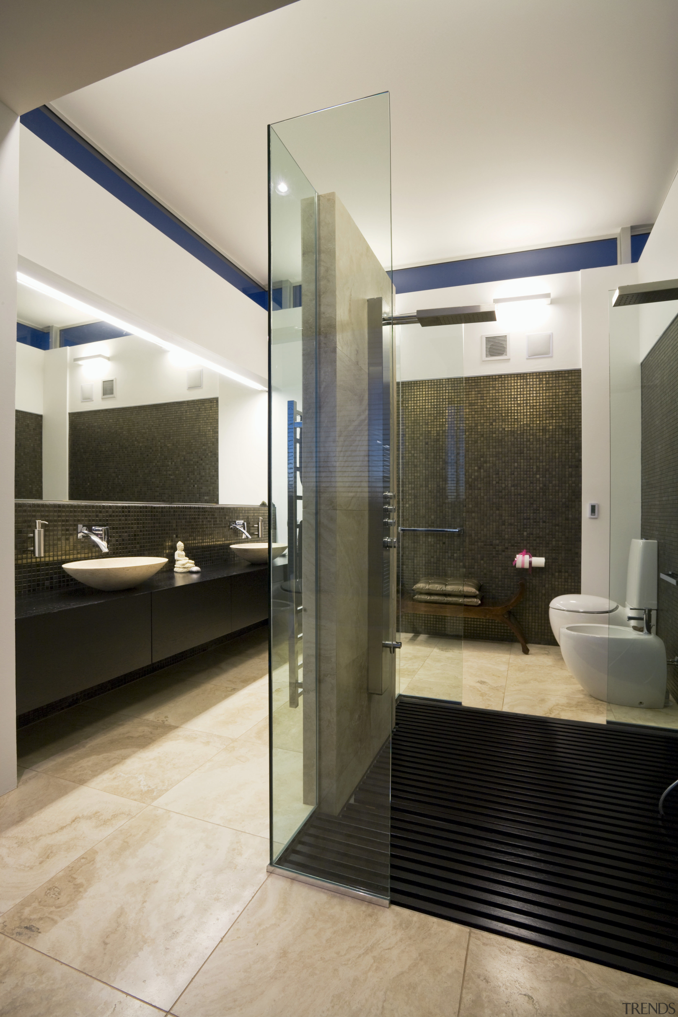 Image of master bathroom which has been designed bathroom, floor, interior design, real estate, room, tile, gray, black