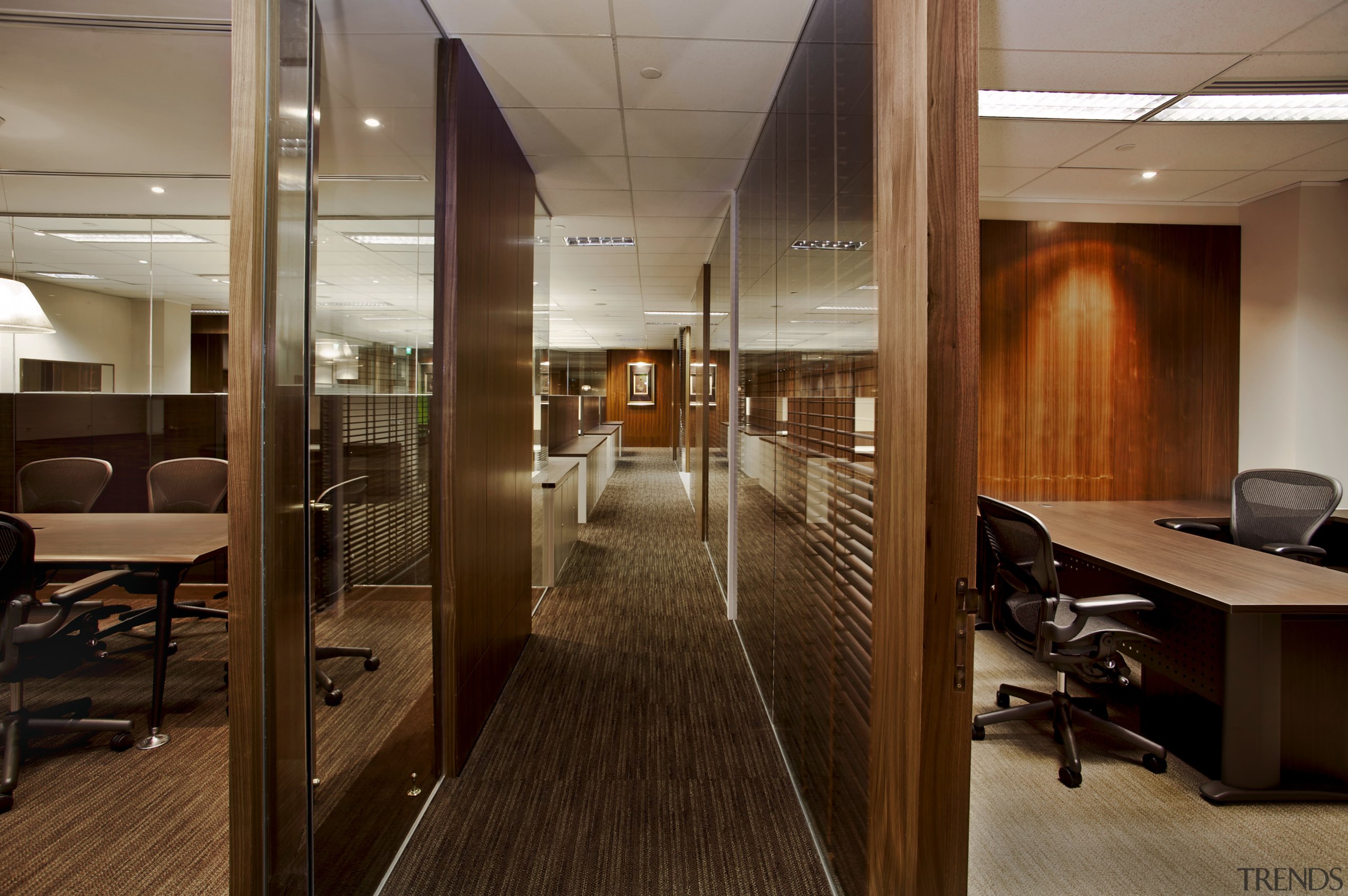 View of updated offices featuring dark timber floors, ceiling, interior design, office, brown