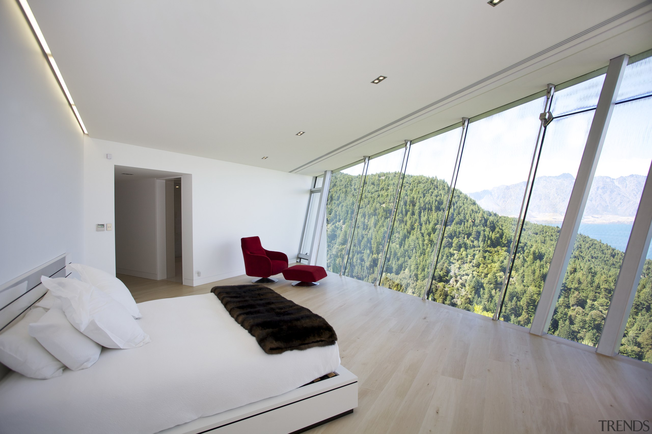 Off the edge  Queenstown glass pavilion Julian architecture, bedroom, ceiling, daylighting, estate, floor, home, house, interior design, property, real estate, room, window, gray