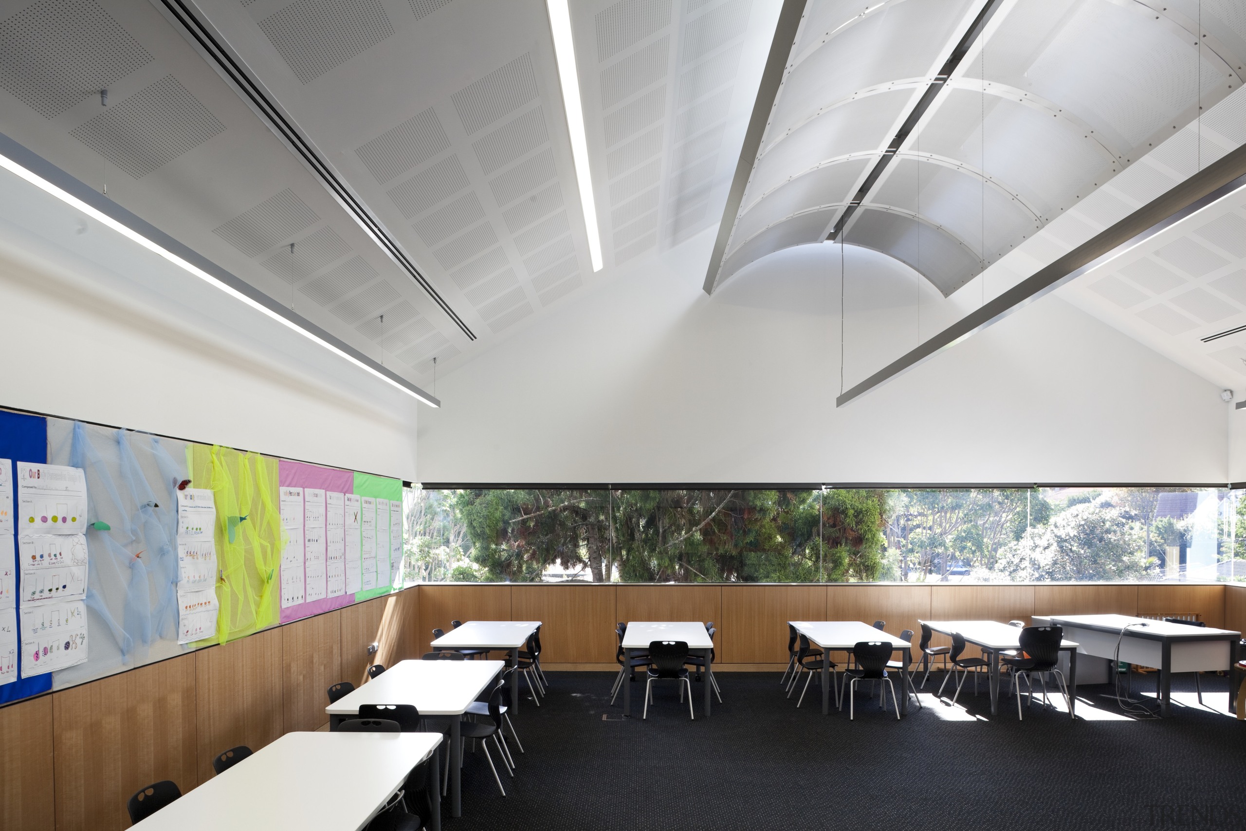 Classrom with light toned walls and ceiling and architecture, ceiling, classroom, conference hall, daylighting, interior design, product design, white