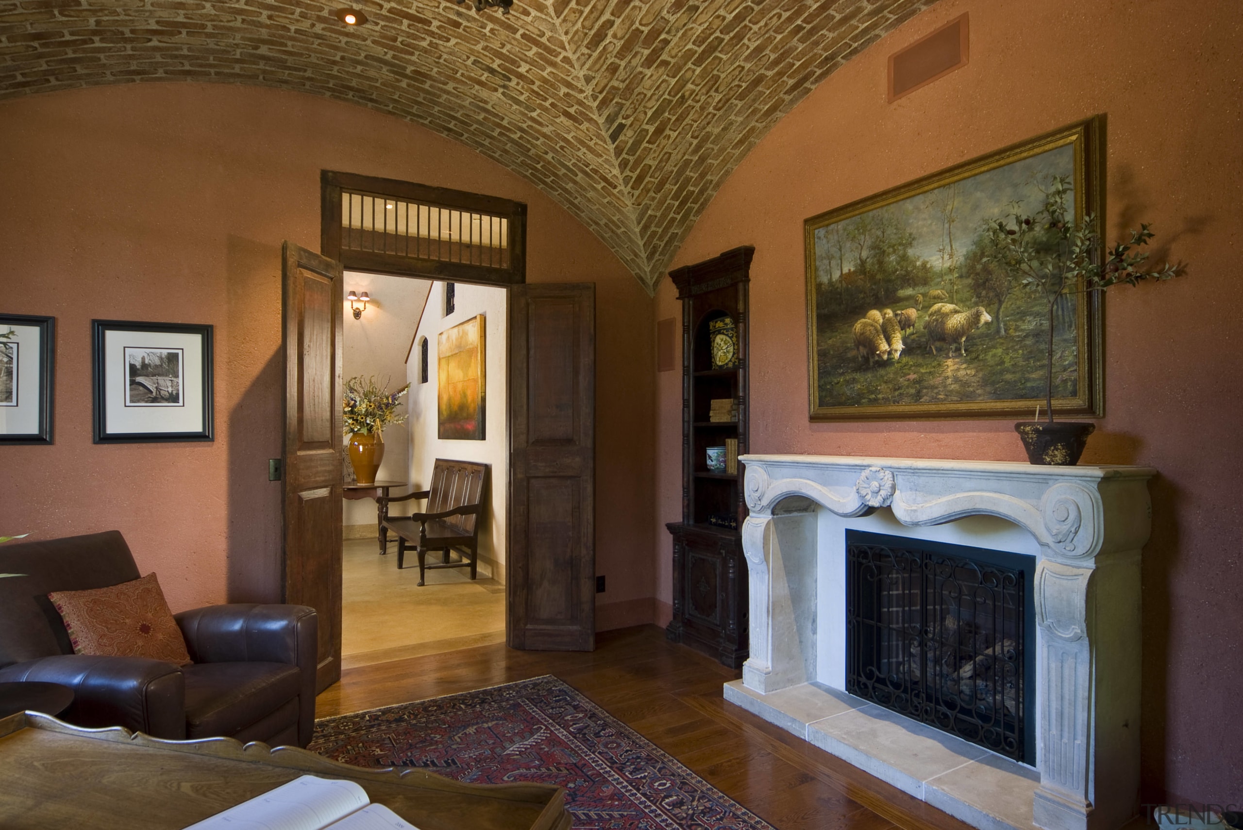 View of the fireplace within the study also ceiling, estate, hacienda, hearth, home, house, interior design, living room, property, real estate, room, brown