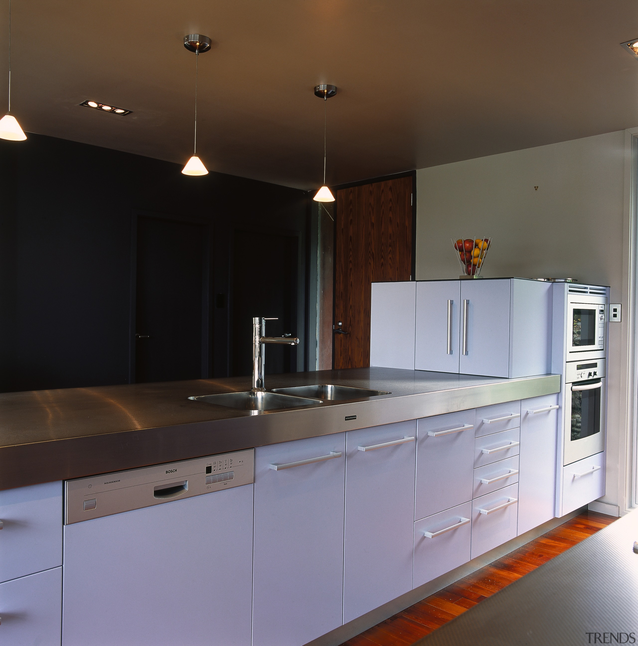 Kitchen with light blue cabinetry, stainless steel benchtop, cabinetry, countertop, cuisine classique, home appliance, interior design, kitchen, room, under cabinet lighting, black