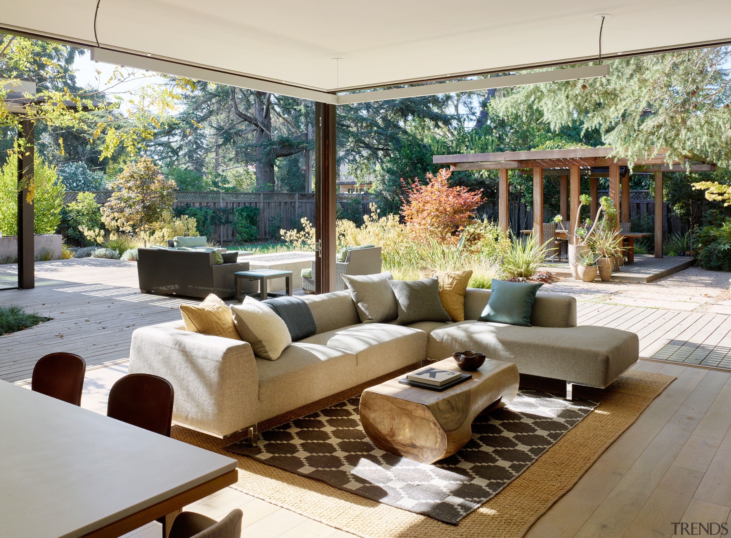 Outdoor rooms, including a seating area surrounding the 