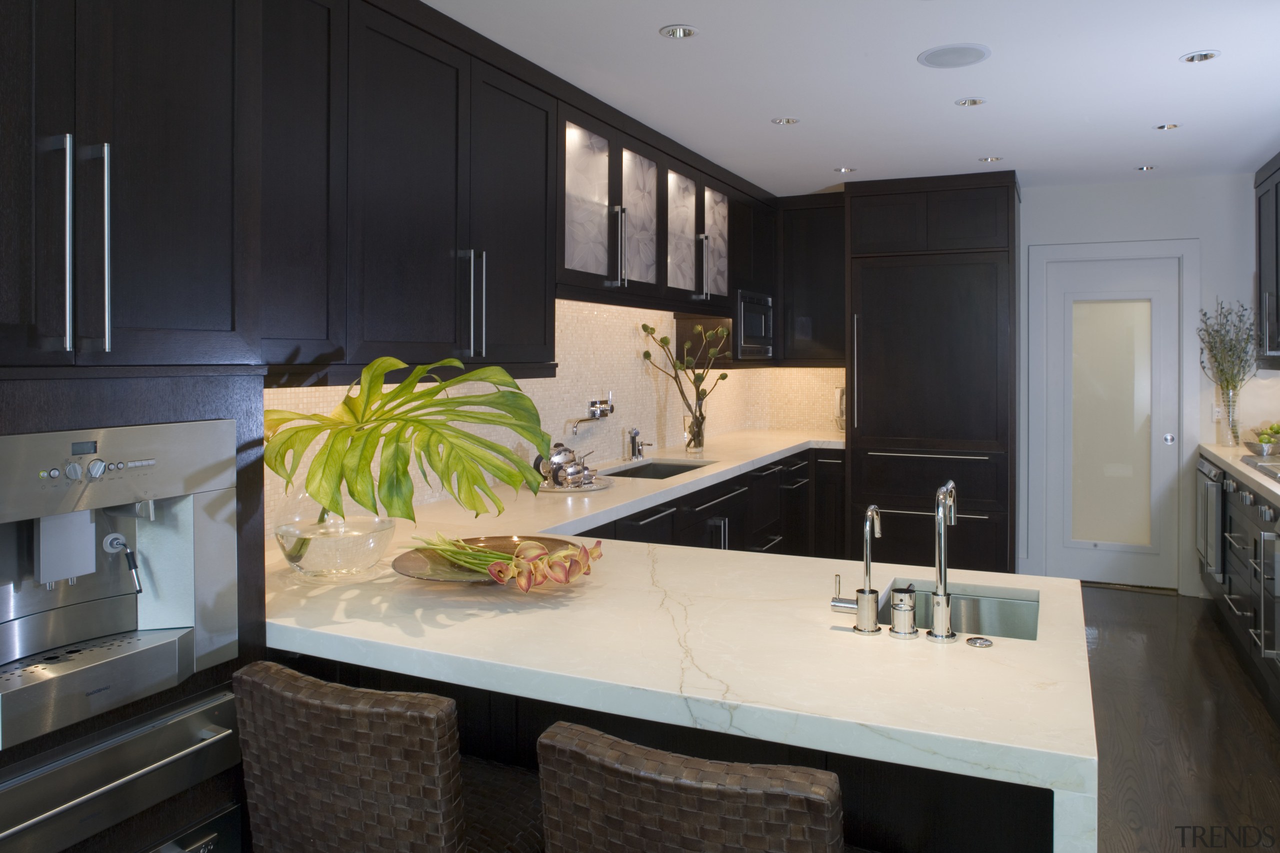 View of a renovated kitchen and dining area countertop, interior design, kitchen, room, black, gray