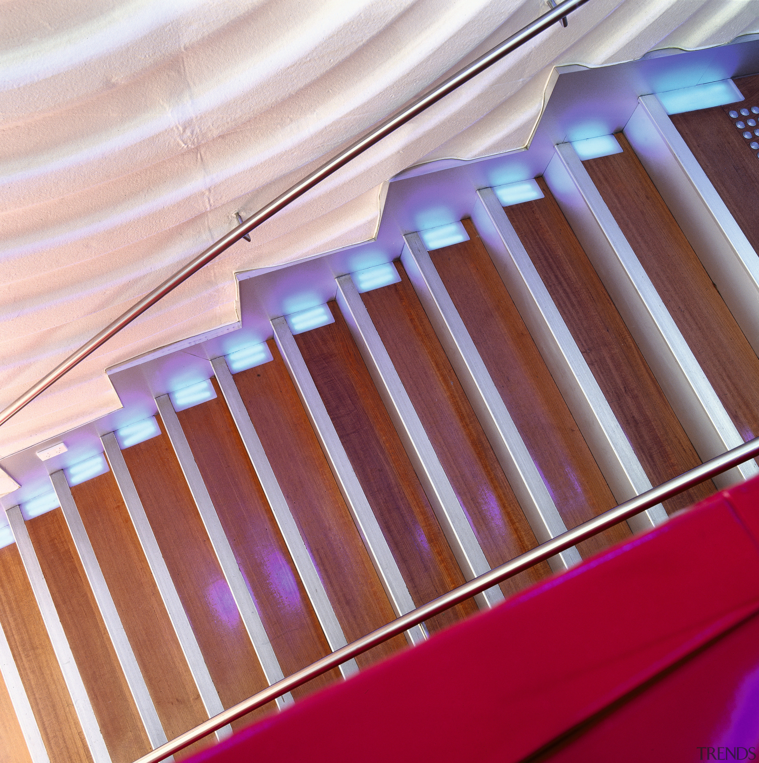 View of stairs with timber flooring. - View daylighting, light, line, material, pink, product, purple, red, wood, red, white