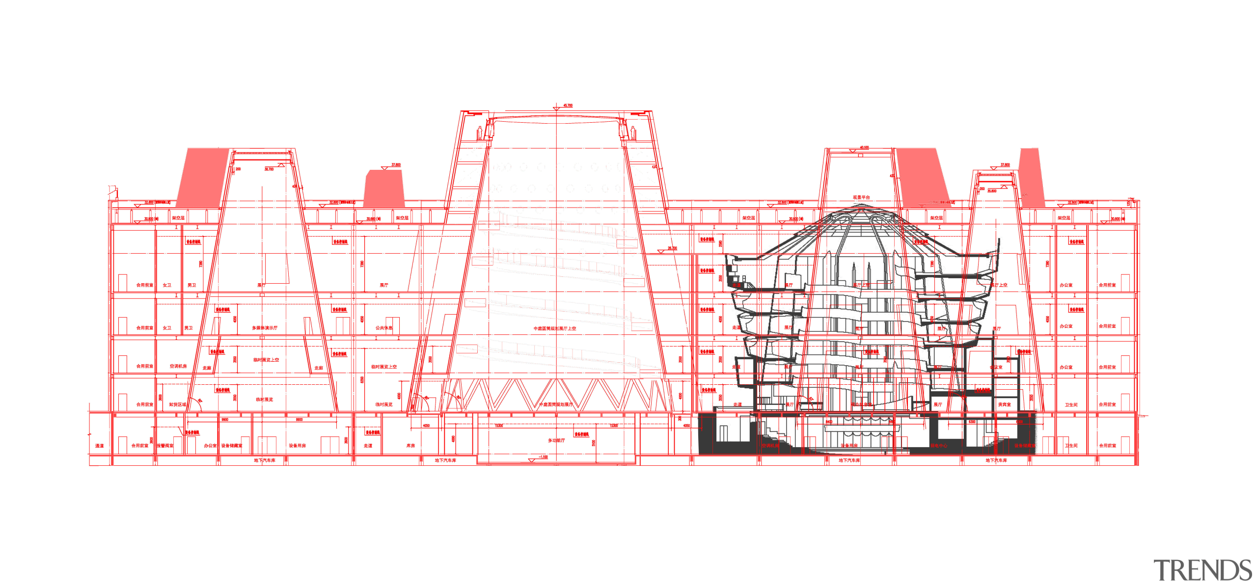 Section scale comparison to Guggenheim - Tianjin Exploratorium architecture, diagram, drawing, line, parallel, sketch, white
