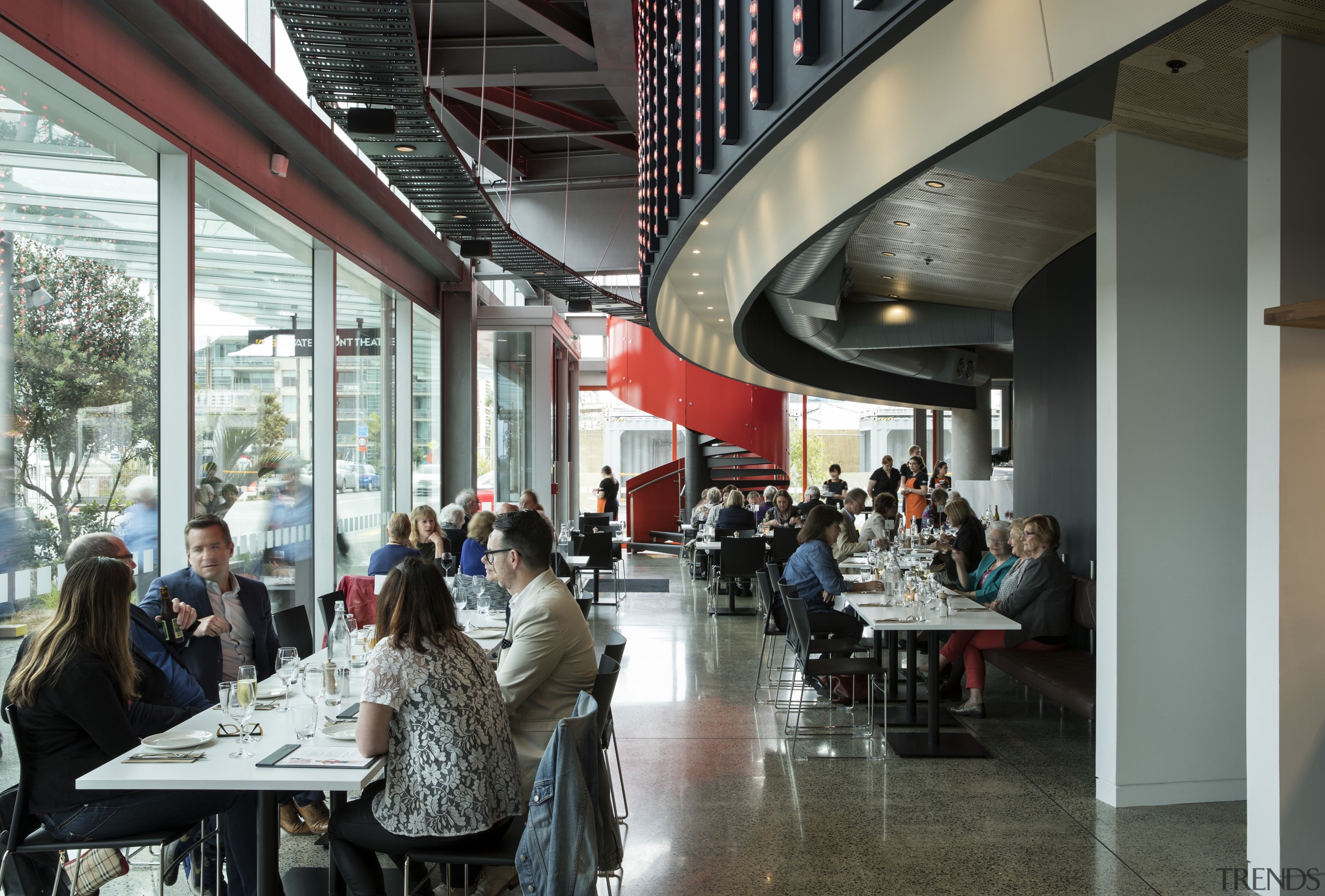 Raising the ASB Waterfront Theatre to the first cafeteria, institution, restaurant, black, gray