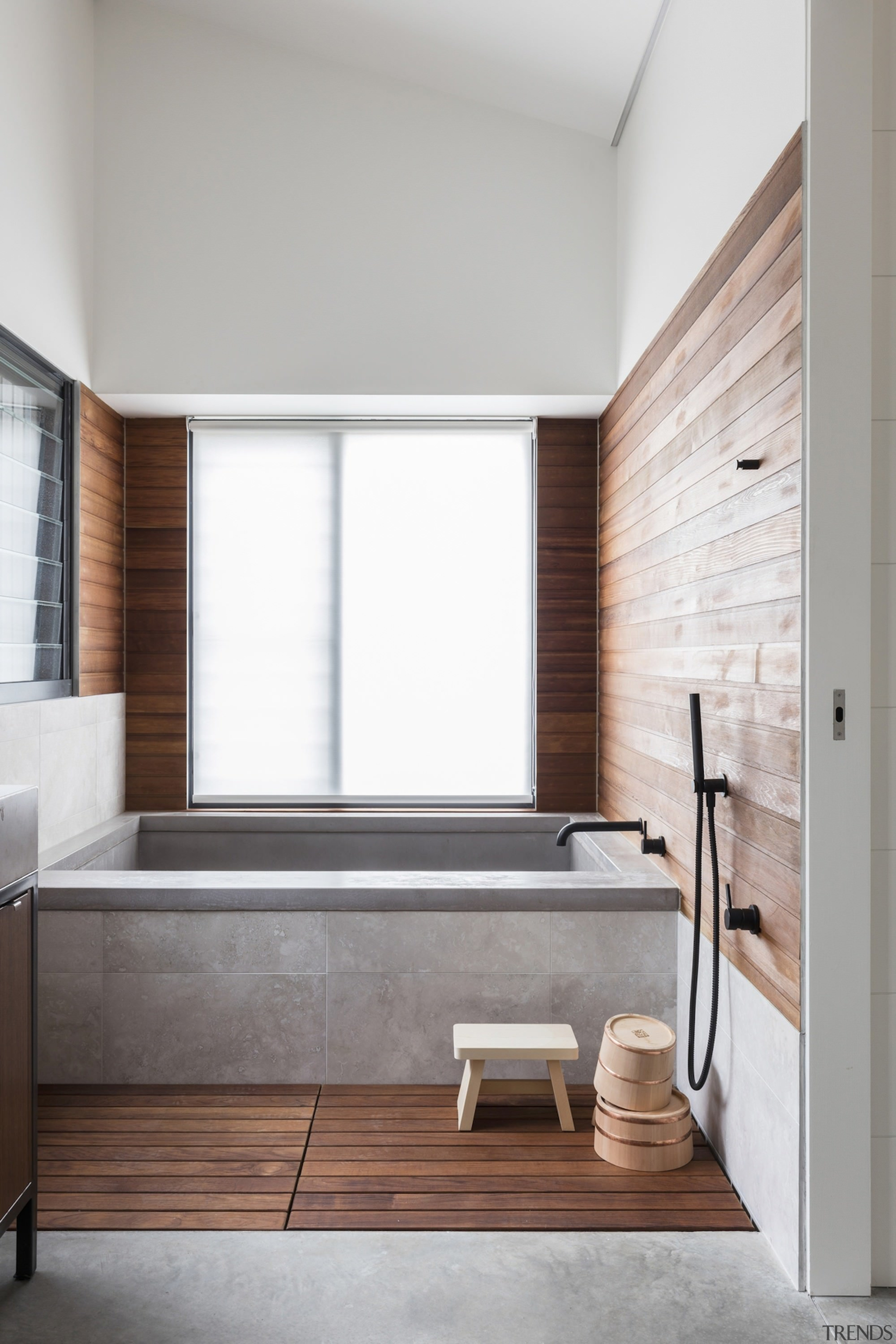 Wood lines the area adjacent to the bathtub, architecture, bathroom, daylighting, floor, flooring, home, house, interior design, room, sink, wall, wood, wood flooring, white, gray