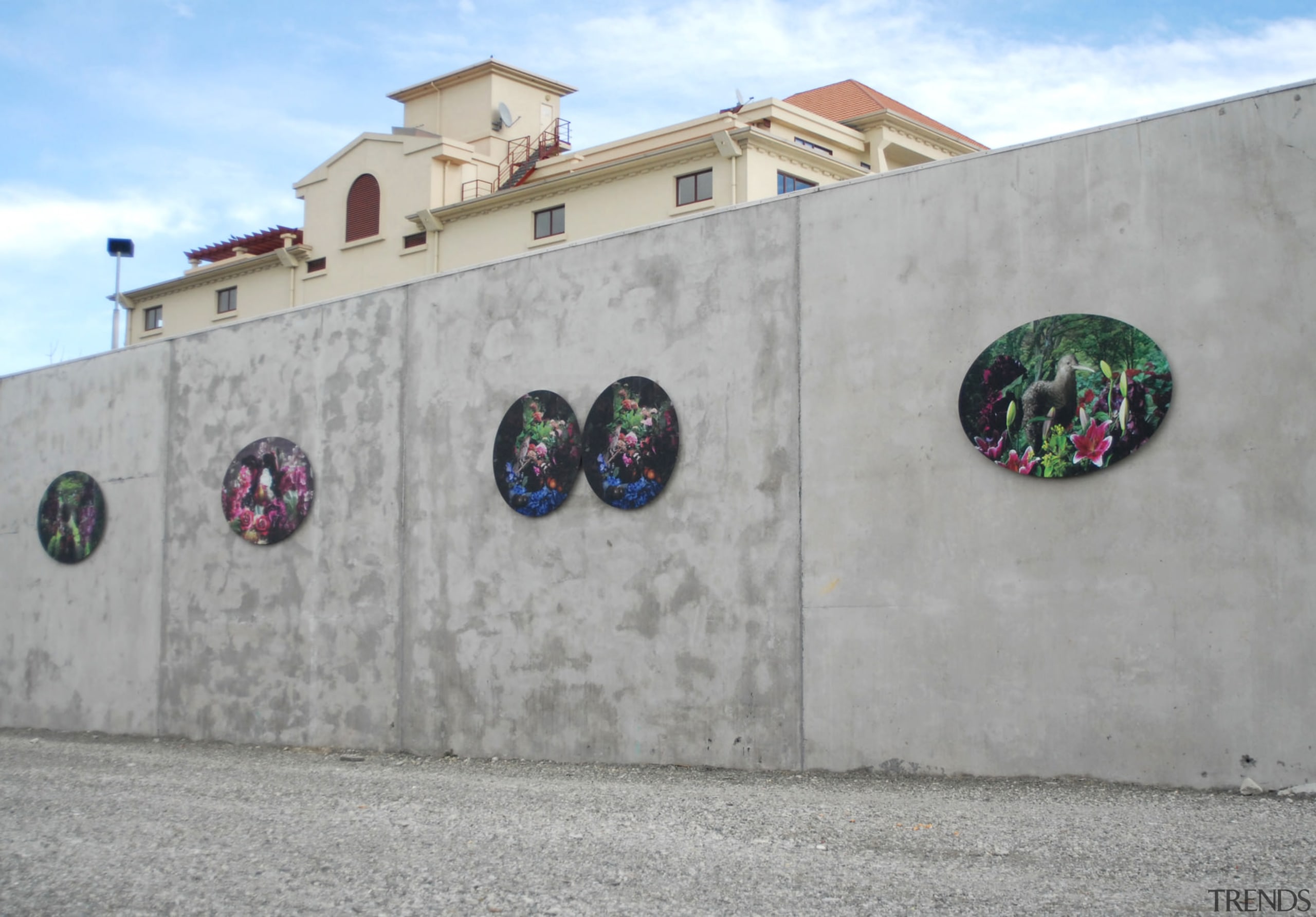 Faux Arcadia by Michaela Cox, supported by Gap facade, mural, street art, wall, gray