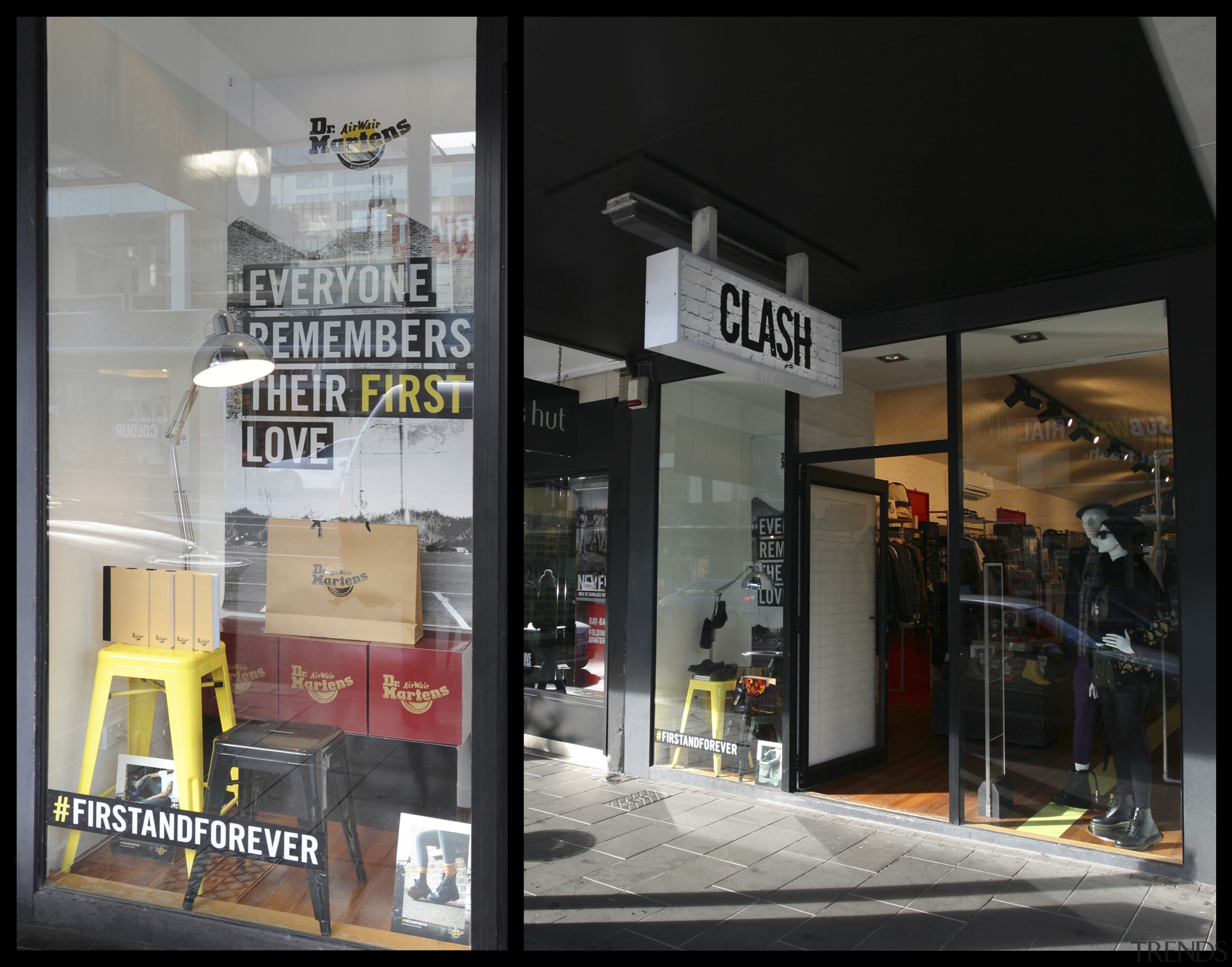 The spirit of 80s London is captured in retail, window, black, gray