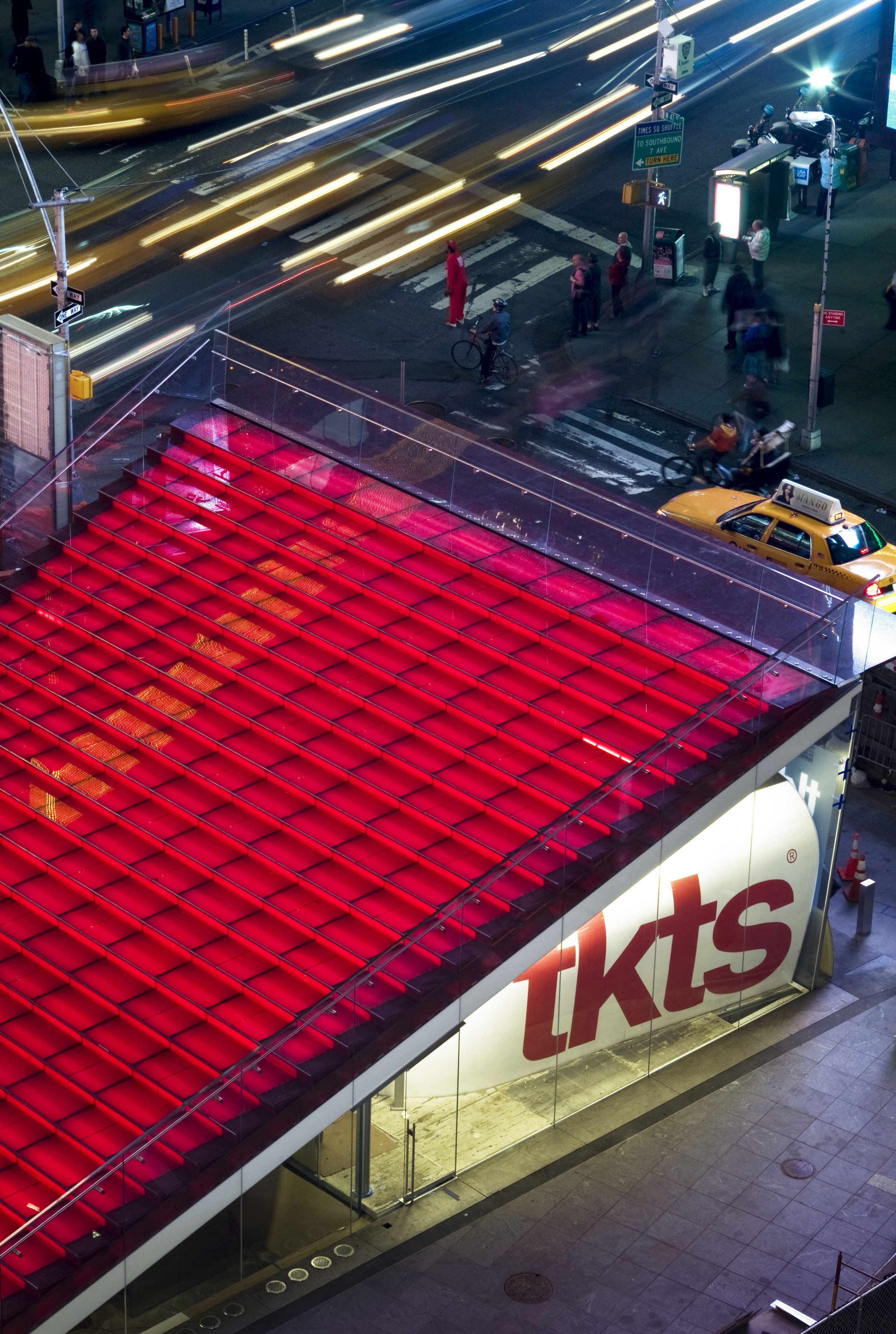 View of the new TKTS ticketing booth in car, red, sport venue, structure, red