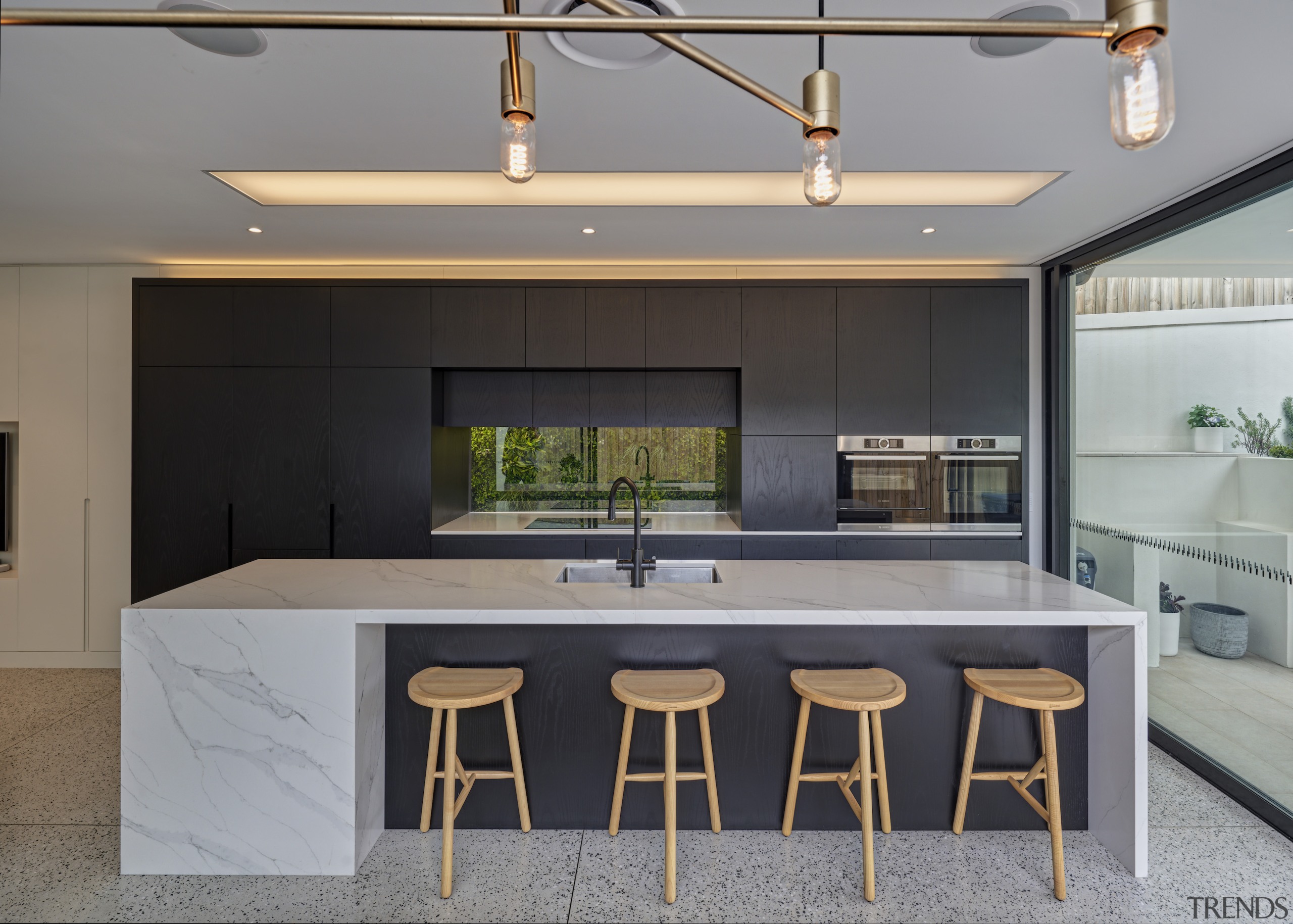 The island is used for seating at breakfast 