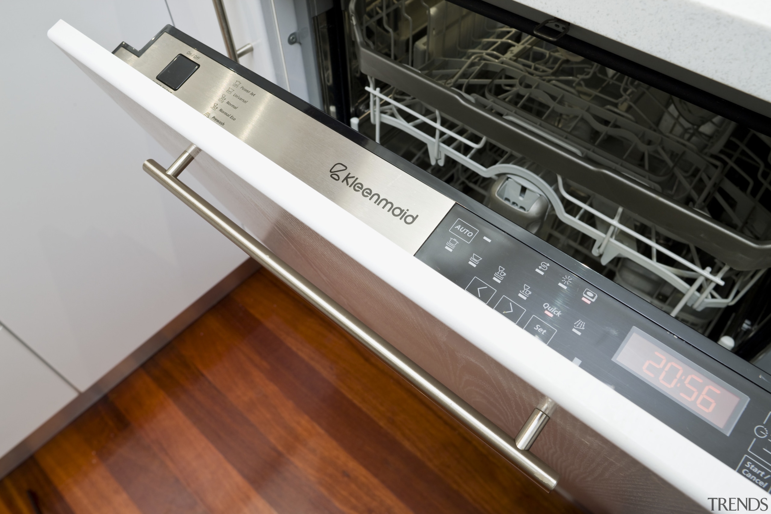 The fully integrated Kleenmaid dishwasher has controls on product design, technology, gray