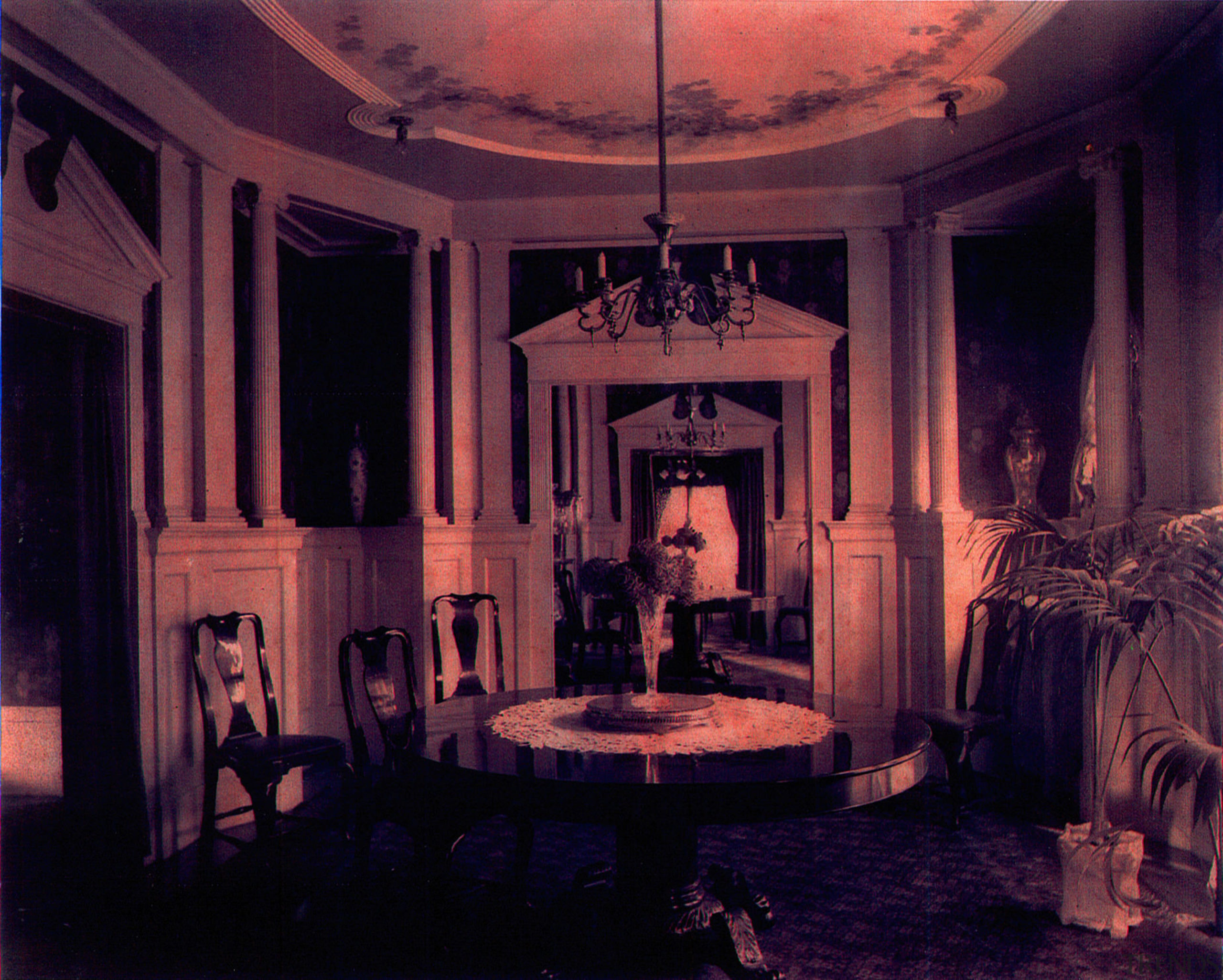 Interior view of this traditional home by Nicholas darkness, home, interior design, light, lighting, stage, window, purple, red