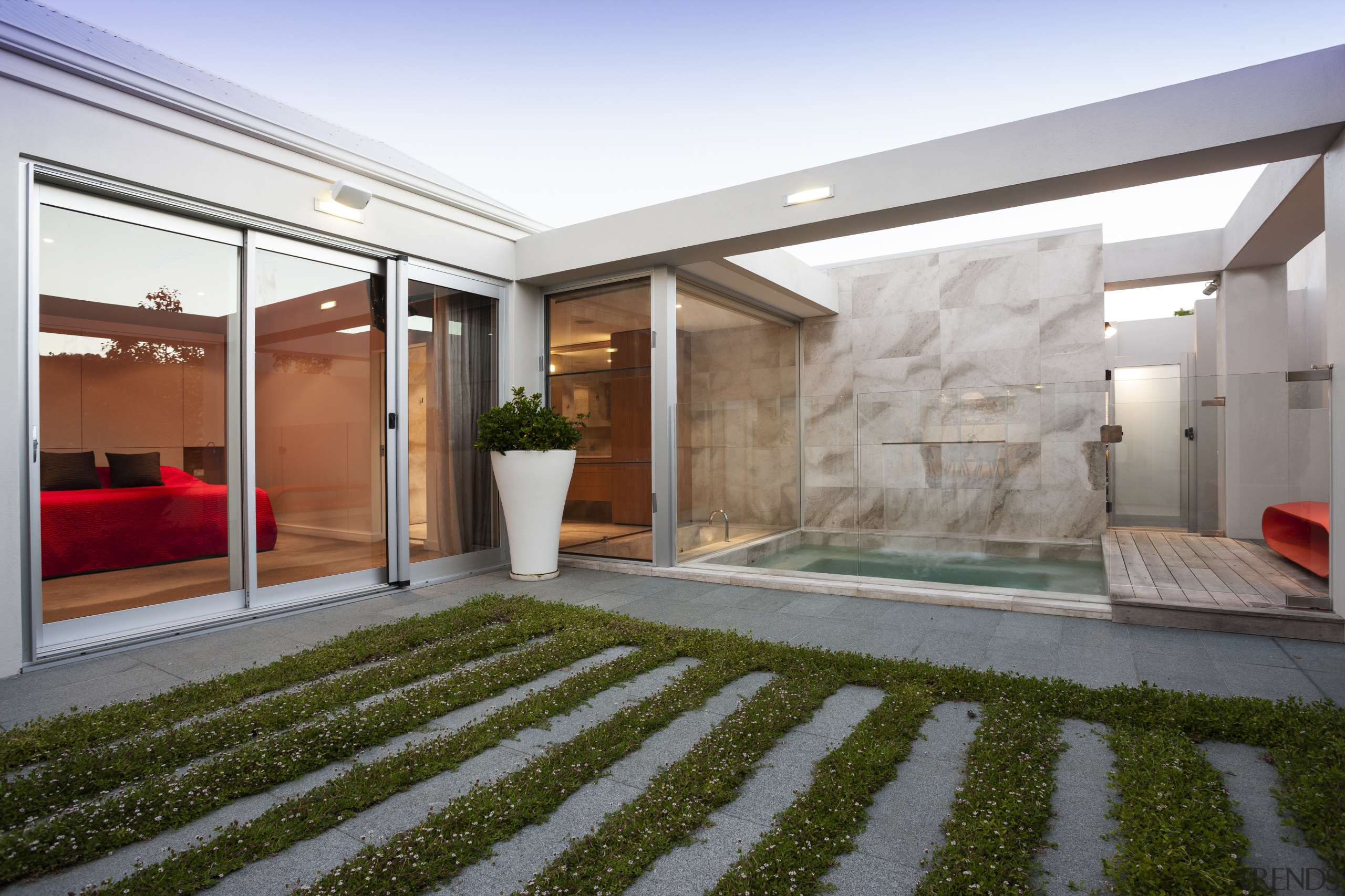 The plunge pool is a new addition to architecture, courtyard, estate, home, house, interior design, property, real estate, window, gray, brown, white