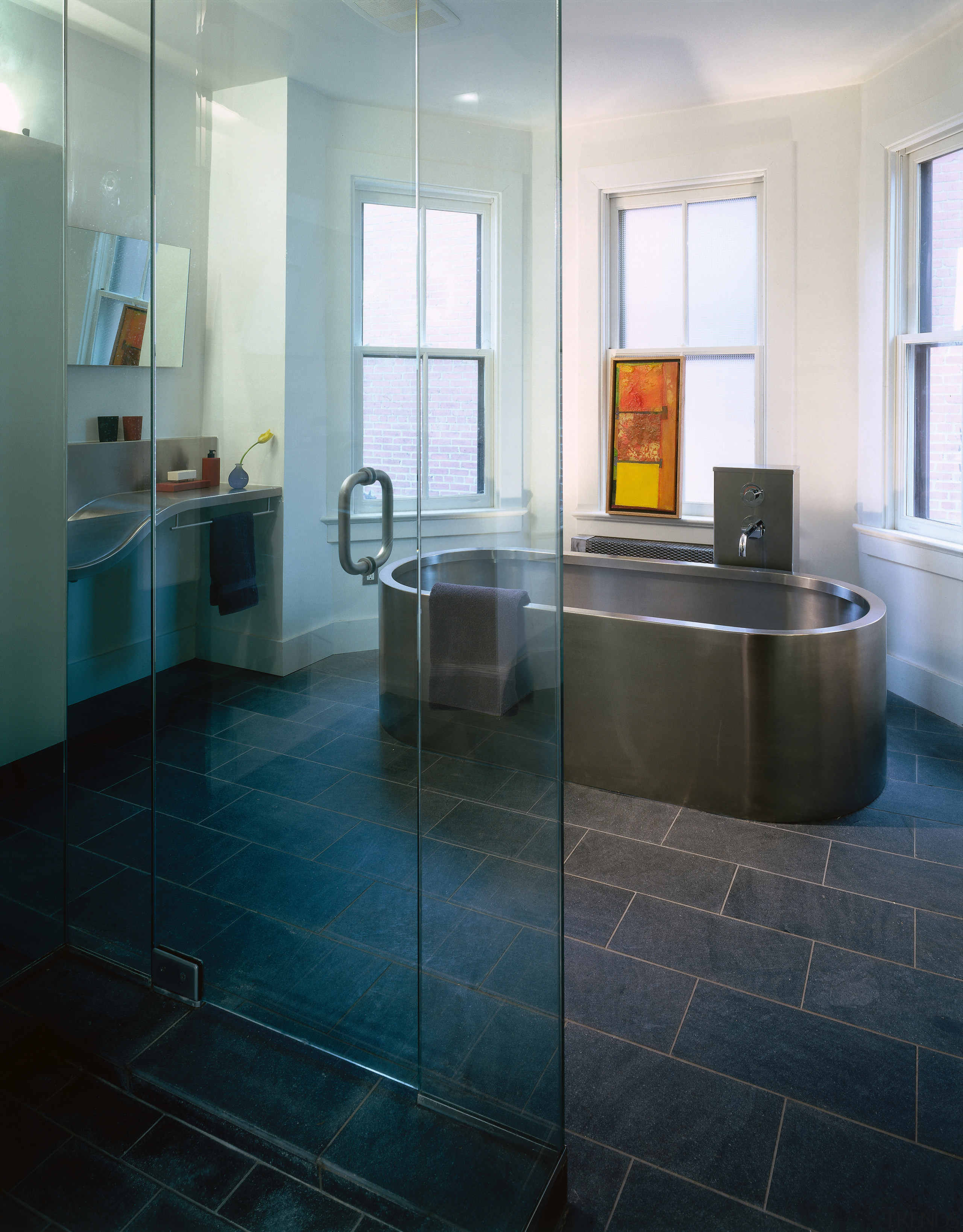 Overview of the bathroom of this home - bathroom, countertop, floor, flooring, hardwood, interior design, real estate, sink, tile, wood flooring, black, gray