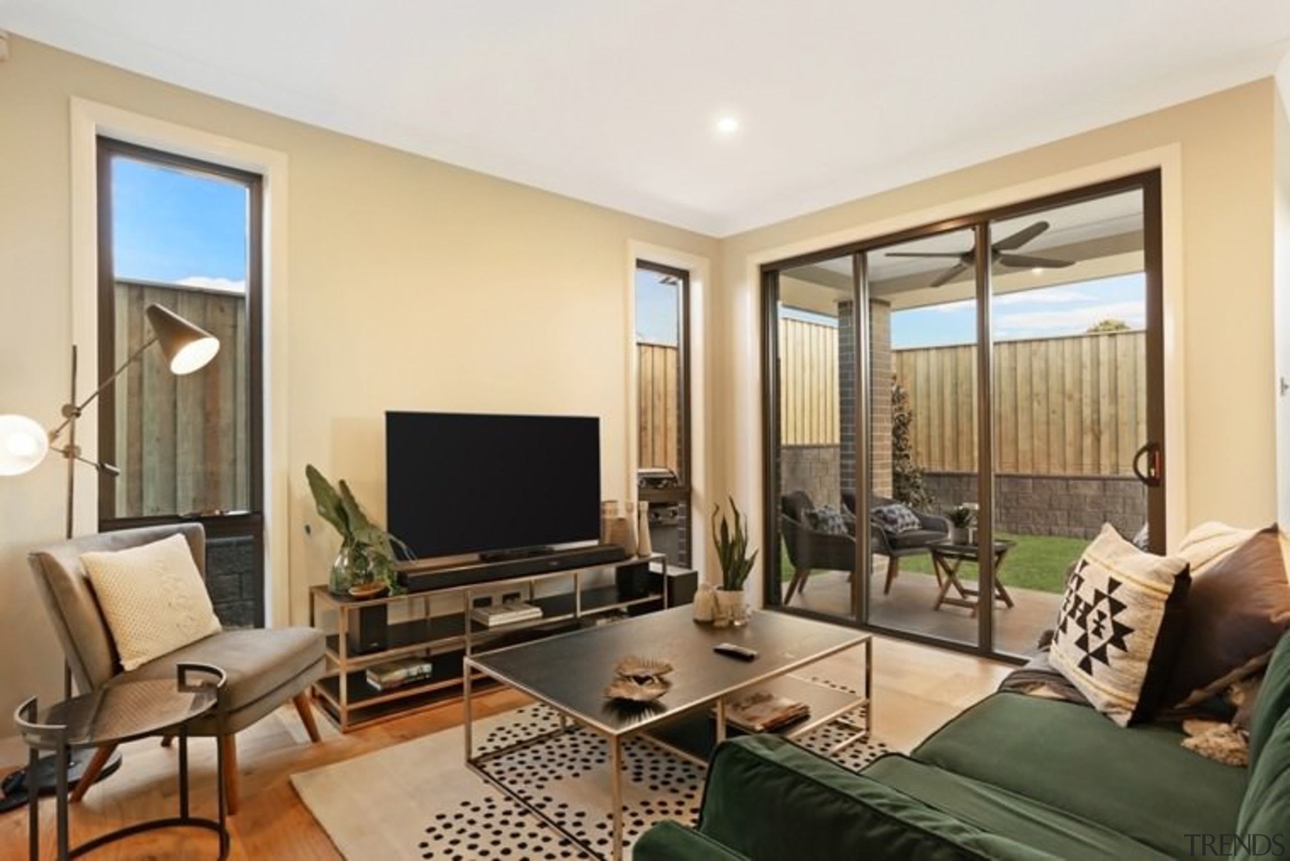 This living room opens out onto a sheltered interior design, living room, property, real estate, room, window, white, brown