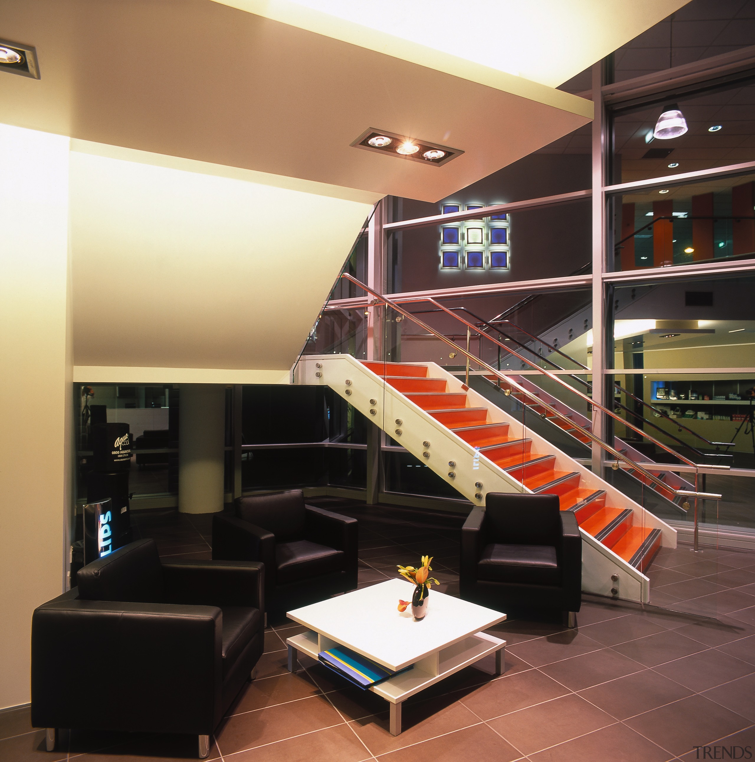 A view of the architectural work done by ceiling, floor, flooring, interior design, lobby, stairs, black
