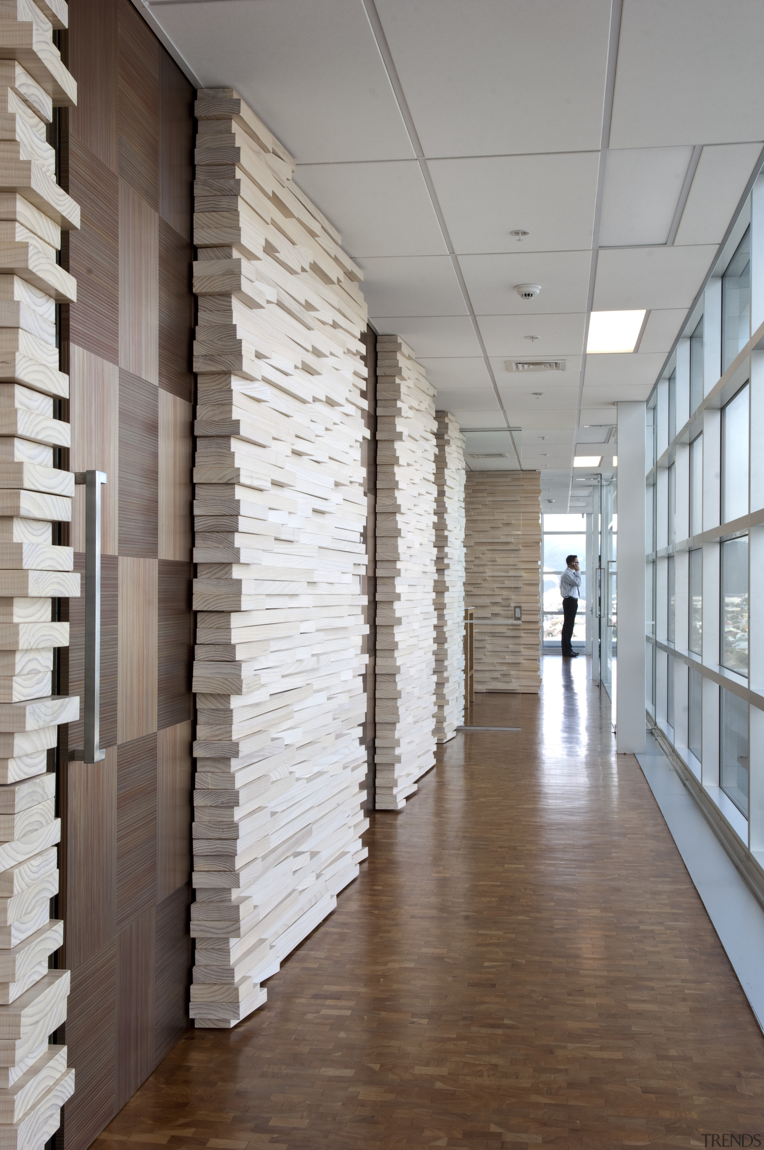 Interior view of Scientific Software and Systems offices architecture, ceiling, daylighting, floor, flooring, interior design, lobby, wall, wood, gray, brown