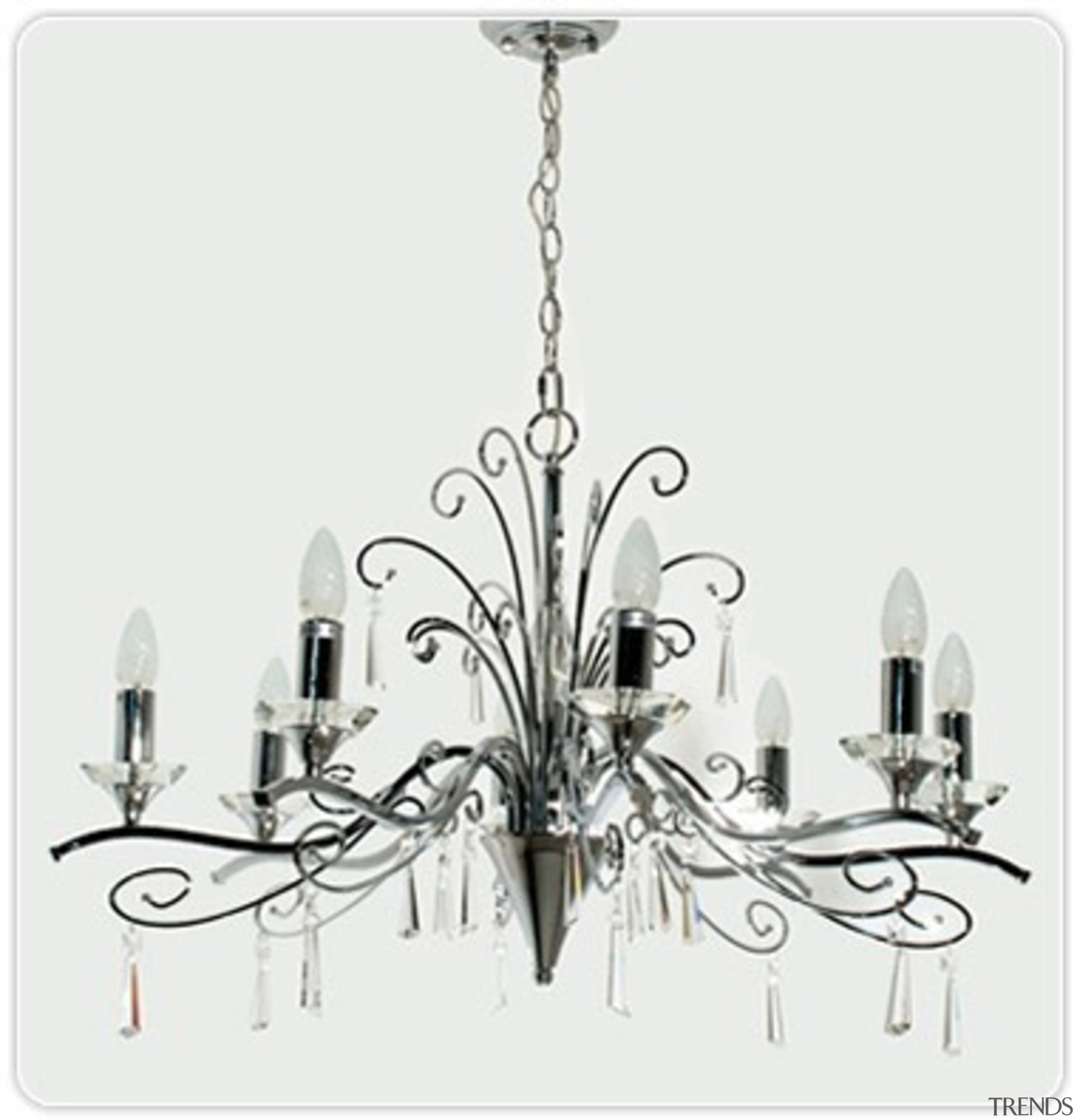 FeaturesThe Diaz chandelier incorporates bright chrome arms and chandelier, decor, light fixture, lighting, product design, white