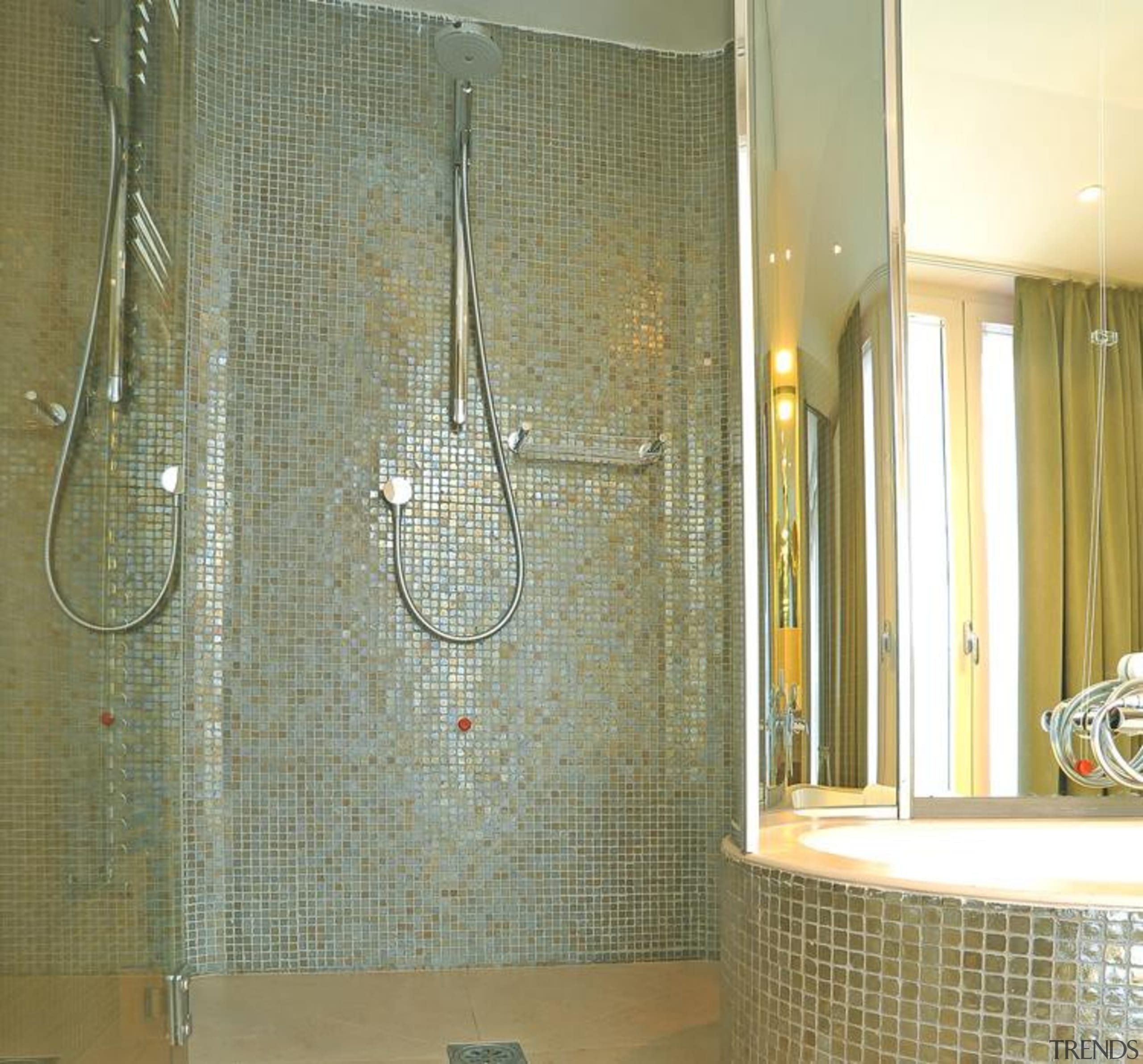 carbone lux bathroom wall shower mosaic - Vetro bathroom, floor, flooring, glass, interior design, plumbing fixture, room, shower, tile, wall, brown, green