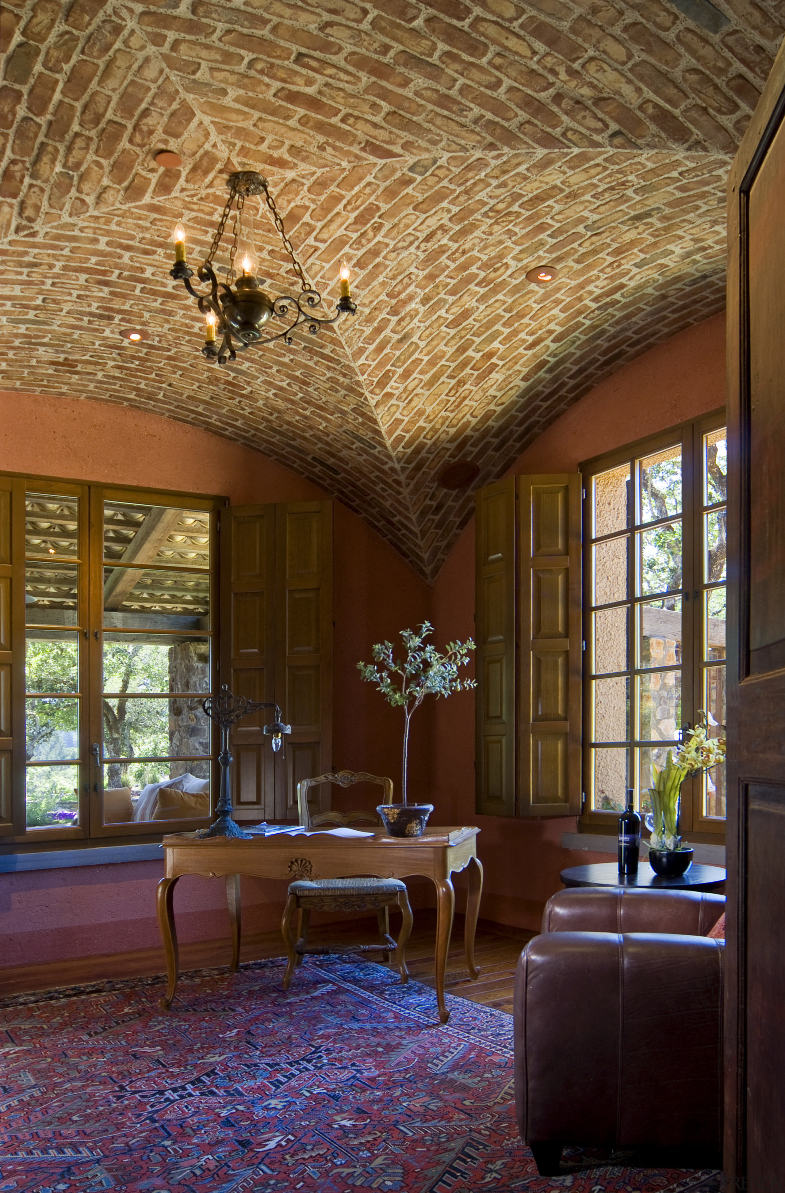 Interior view of the study features a unique architecture, ceiling, estate, home, house, interior design, living room, lobby, real estate, room, wall, window, wood, brown, red