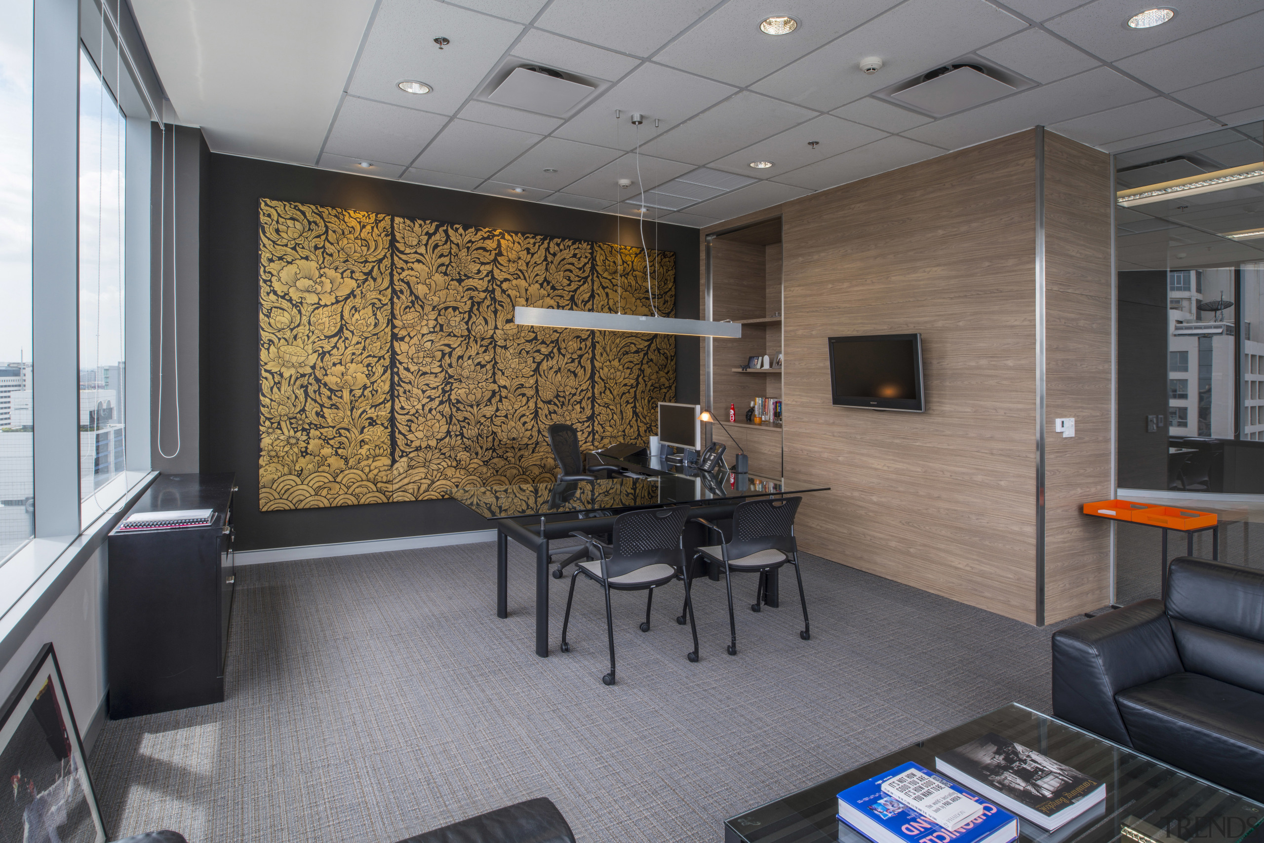 The CEOs office is the only partitioned work ceiling, interior design, office, wall, gray, black