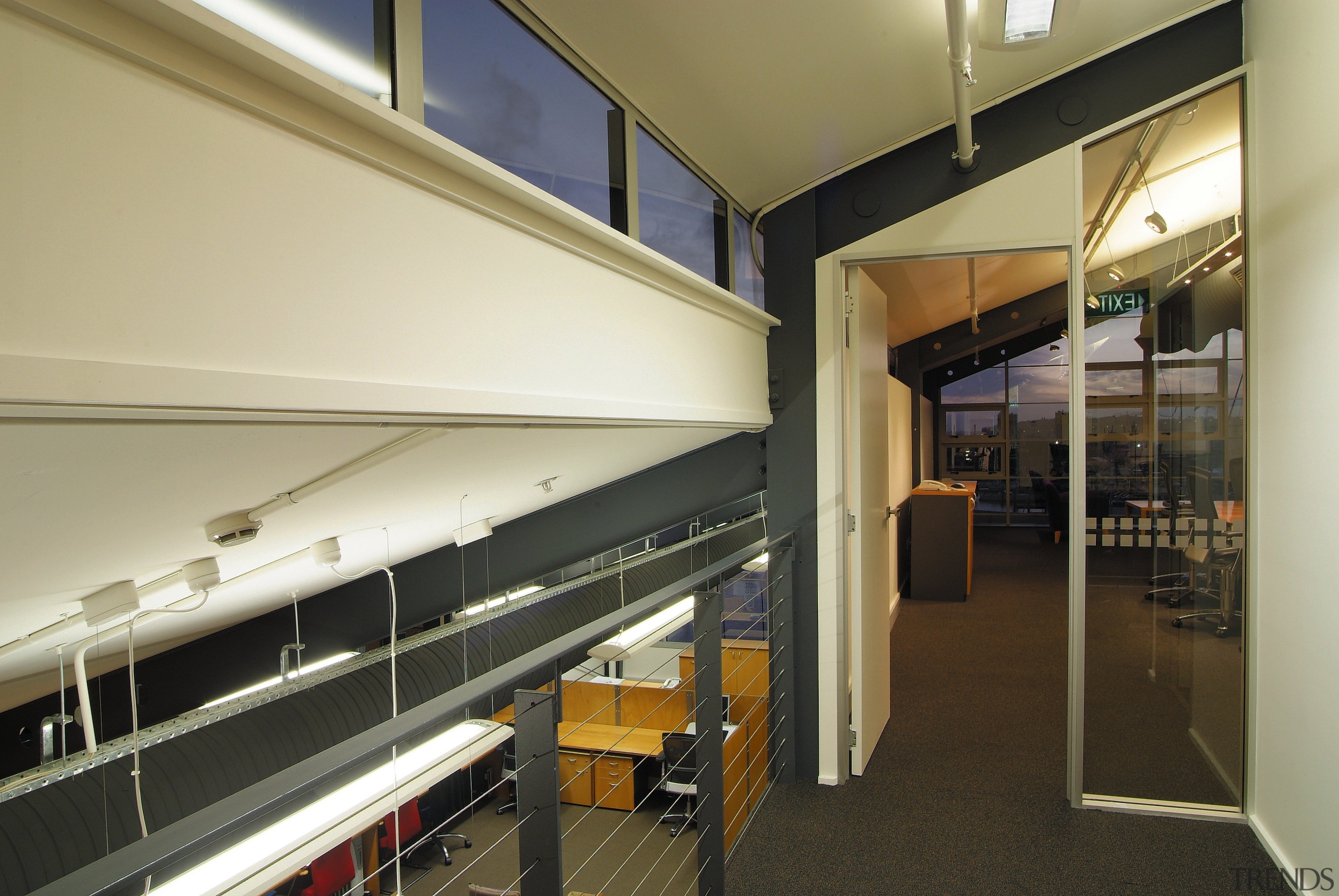 A view of an office by Hawkins Interiors. architecture, ceiling, daylighting, interior design, real estate, brown