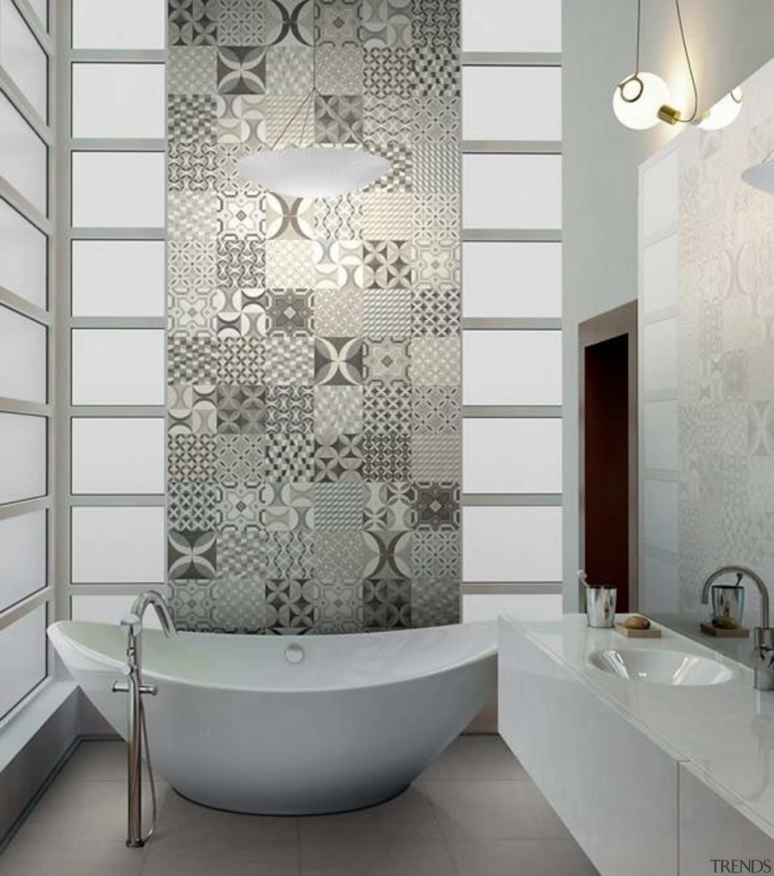 a mix of 28 different patterned tiles, randomly bathroom, ceramic, floor, flooring, interior design, plumbing fixture, room, tap, tile, wall, gray