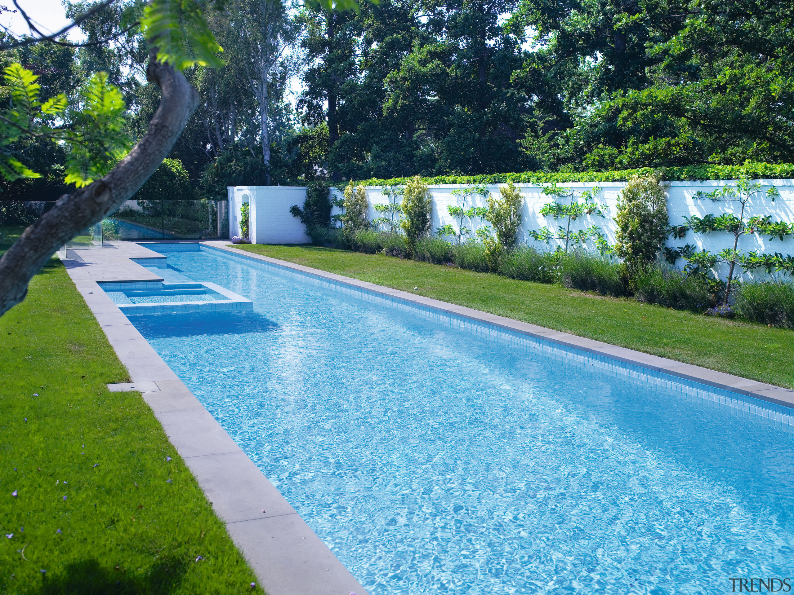 View of the long Pool that features perimeter estate, garden, grass, landscape, landscaping, lawn, leisure, plant, property, real estate, reflecting pool, swimming pool, tree, water, water feature, water resources, watercourse, yard, teal