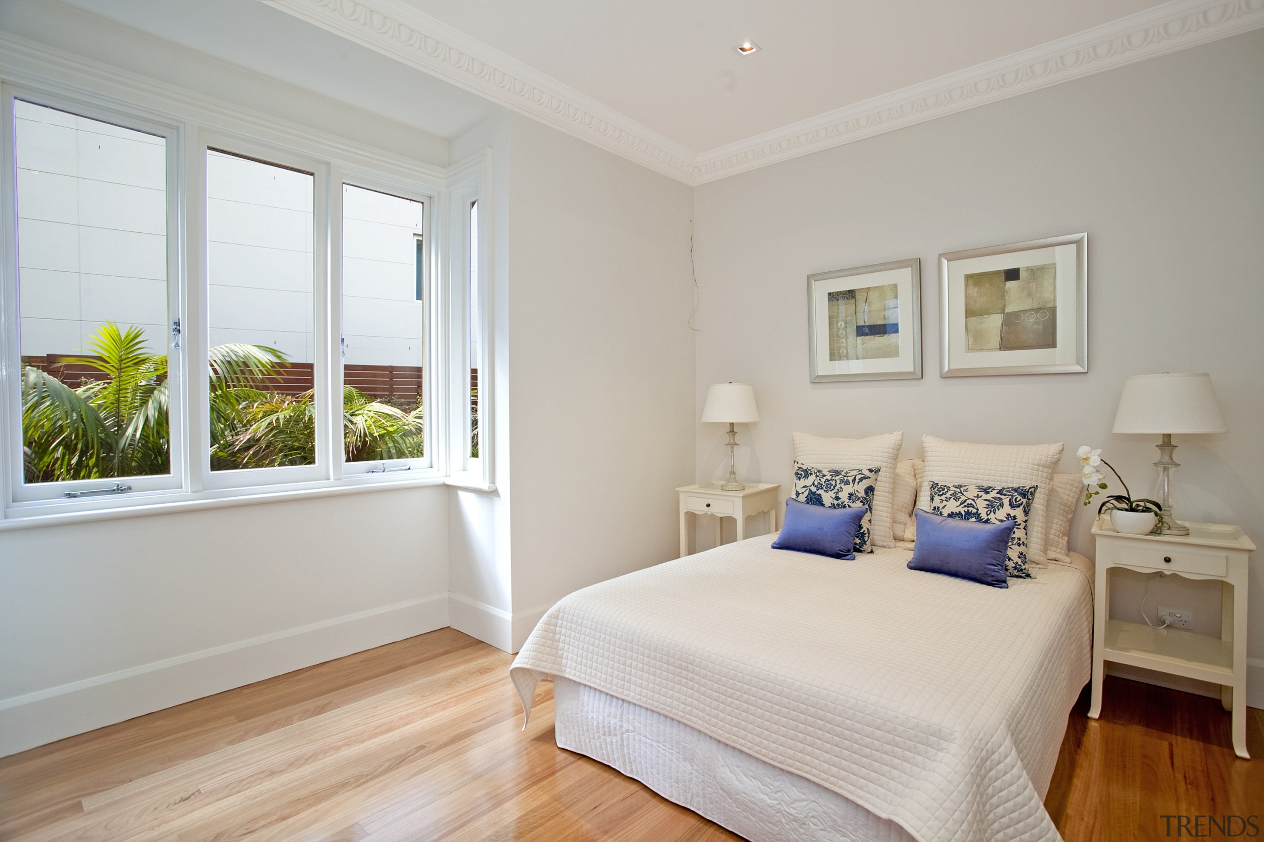 View of beachfront house with courtyard, formal living bed frame, bedroom, ceiling, estate, floor, hardwood, home, interior design, property, real estate, room, window, wood, wood flooring, gray