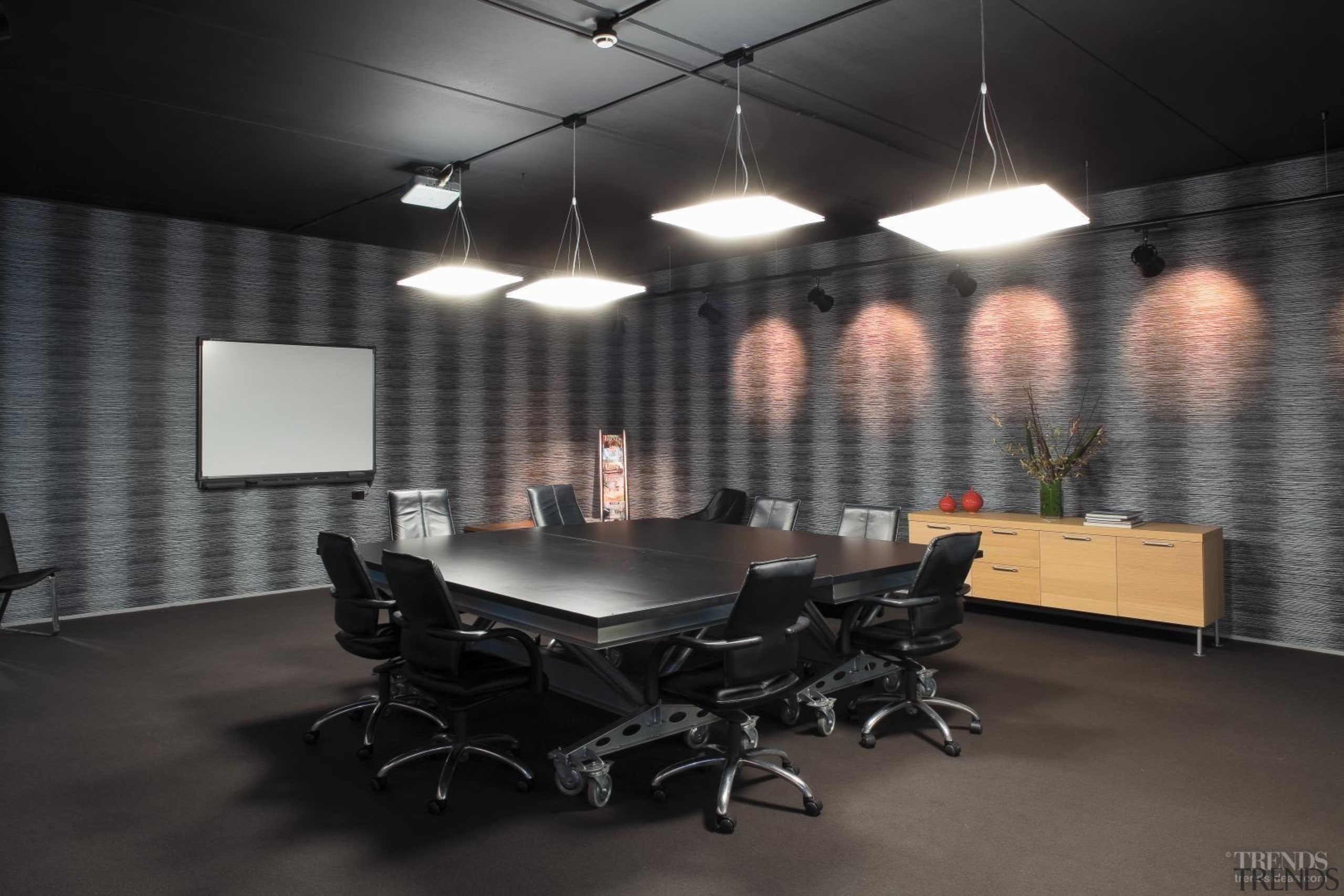 Below Fabbian Lighting chose hanging pendant lights to architecture, ceiling, conference hall, interior design, office, black