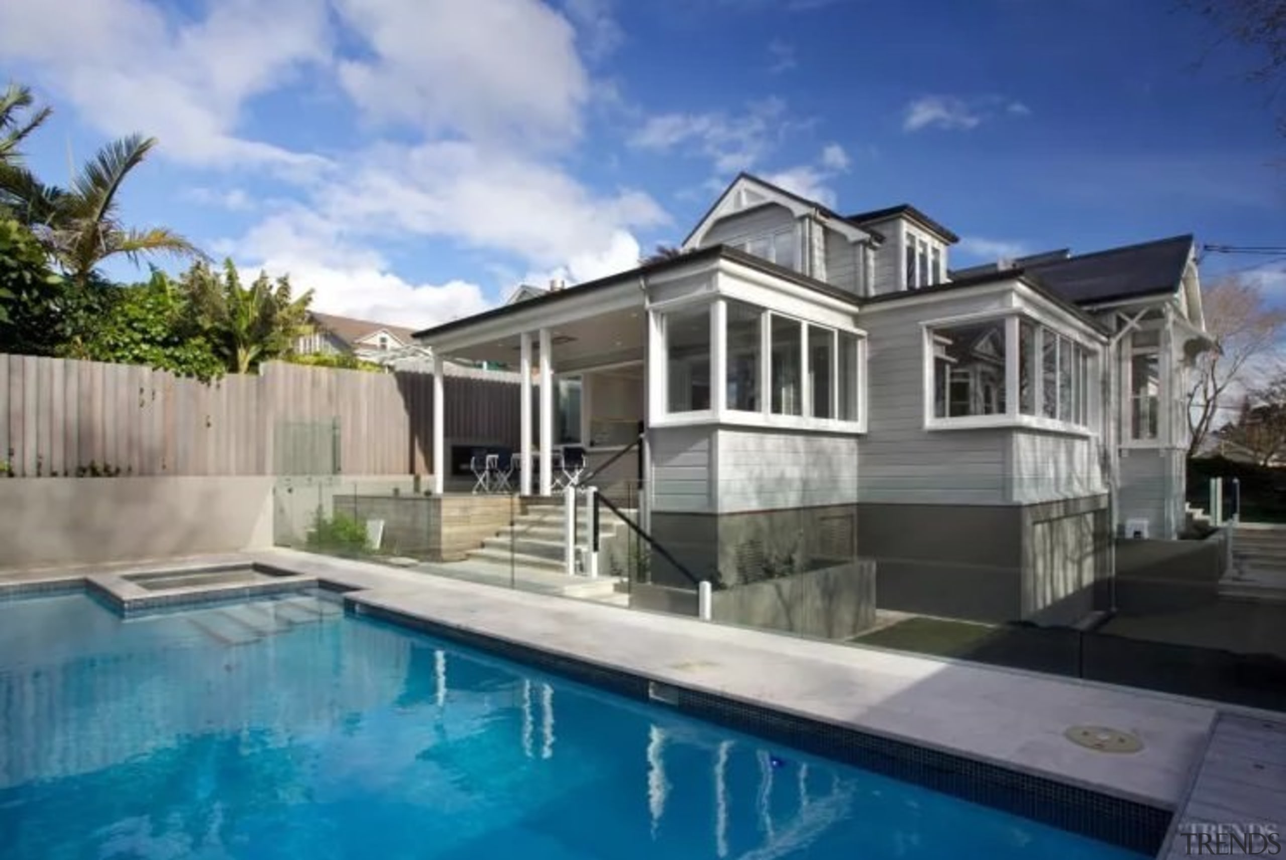 See the home here apartment, architecture, backyard, condominium, cottage, elevation, estate, facade, family car, home, house, mansion, property, real estate, residential area, swimming pool, villa, teal, gray