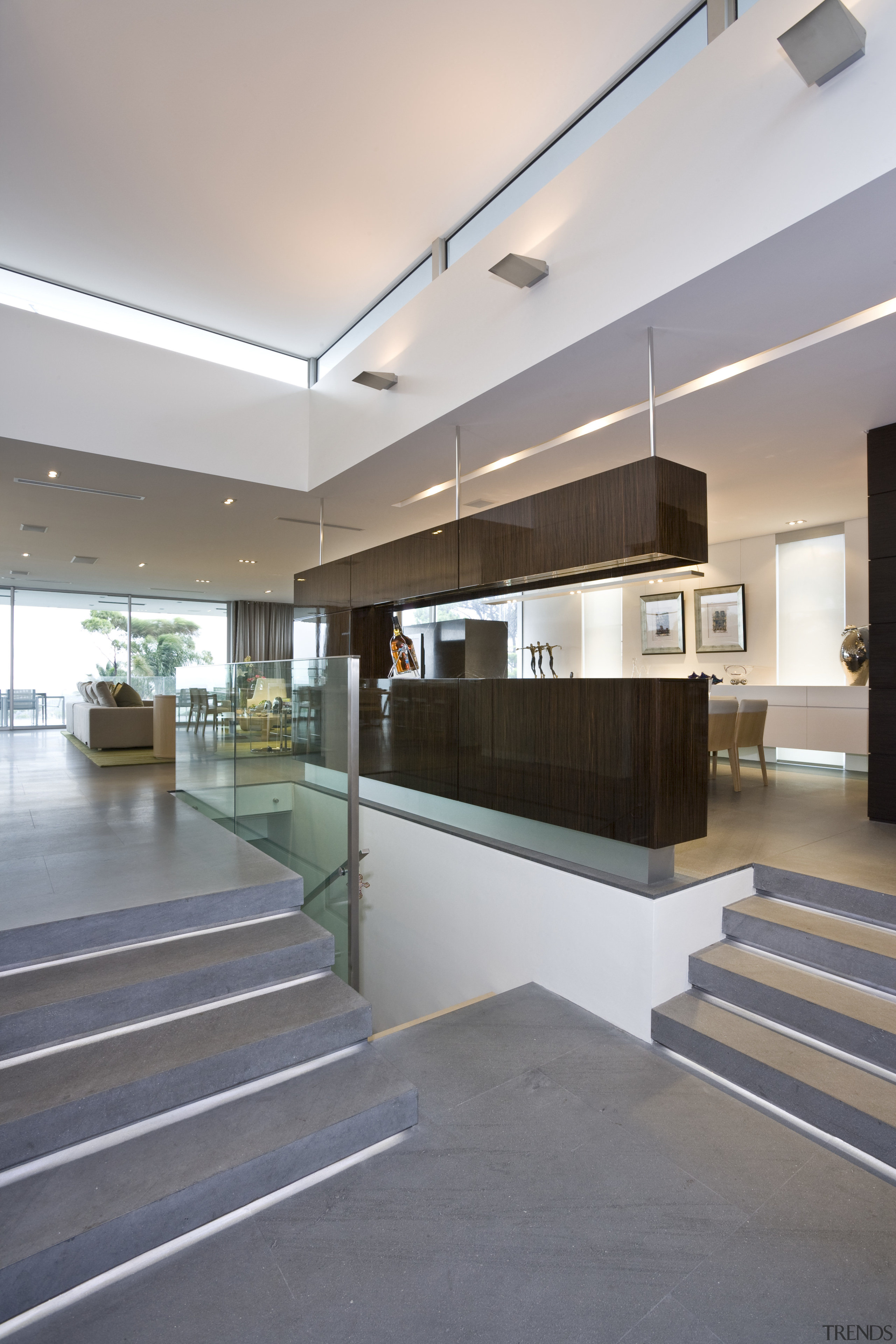 View of the entry to the main living architecture, ceiling, daylighting, floor, glass, interior design, lobby, real estate, gray