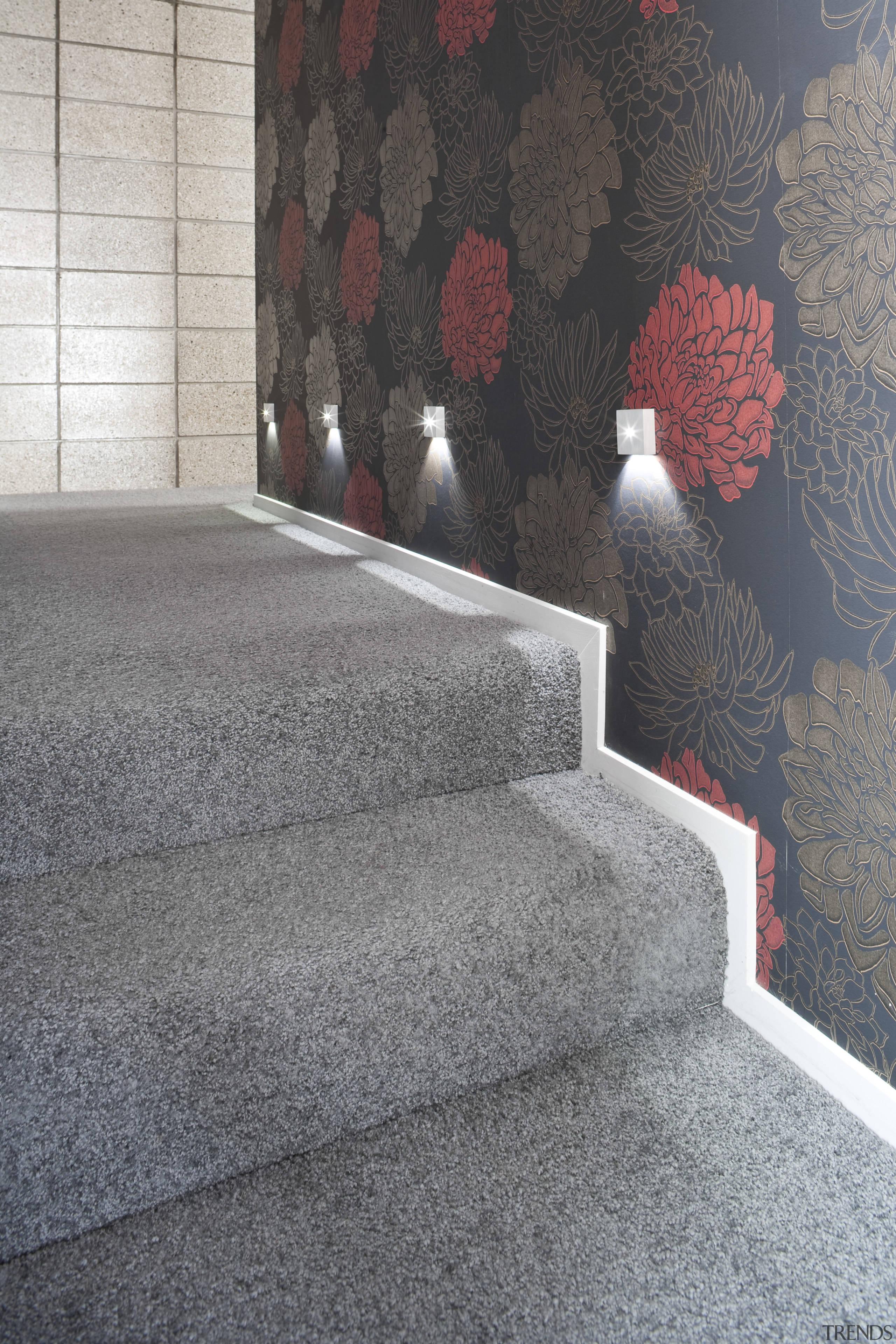 View of a stairway which features woolen carpets floor, flooring, interior design, wall, gray