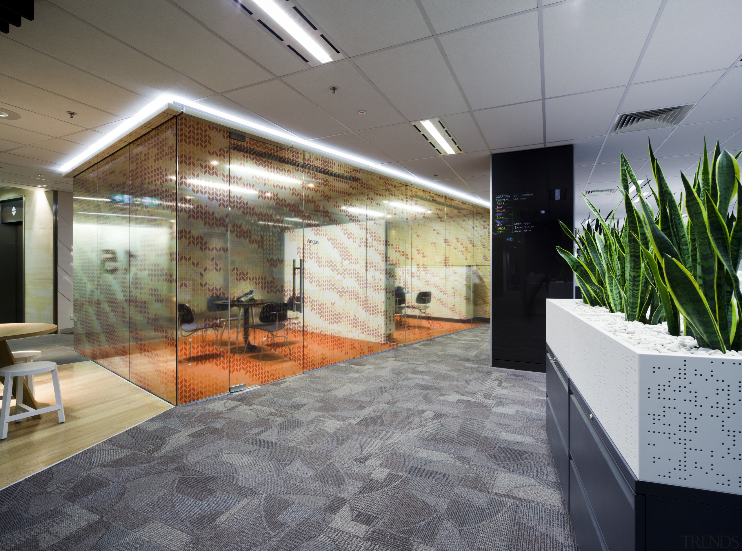 View of one of the multiple "quiet rooms" architecture, ceiling, daylighting, floor, flooring, glass, interior design, lobby, real estate, wall, gray