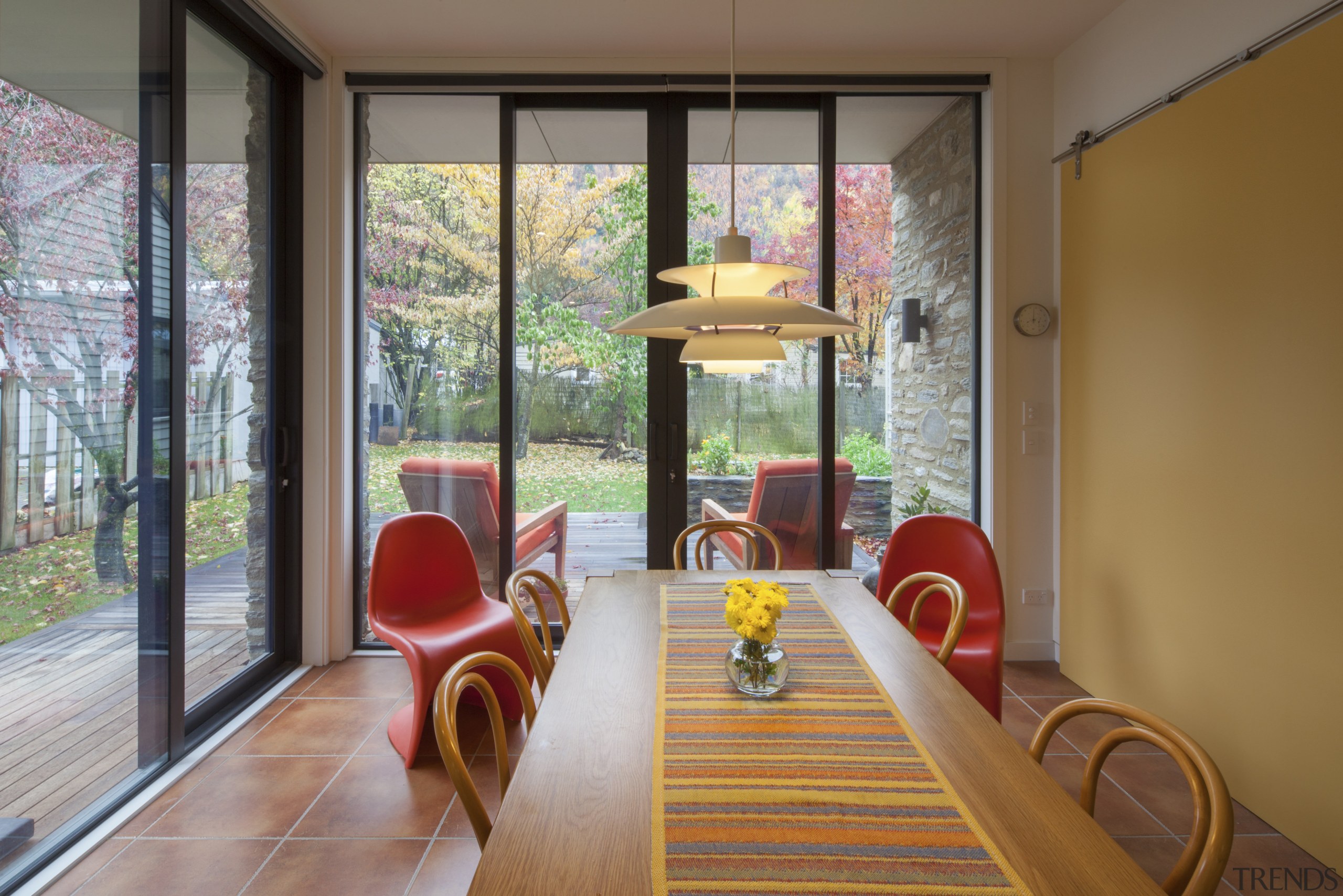 The formal living room in this new Arrowtown architecture, door, home, house, interior design, living room, real estate, room, table, window, wood, brown, gray