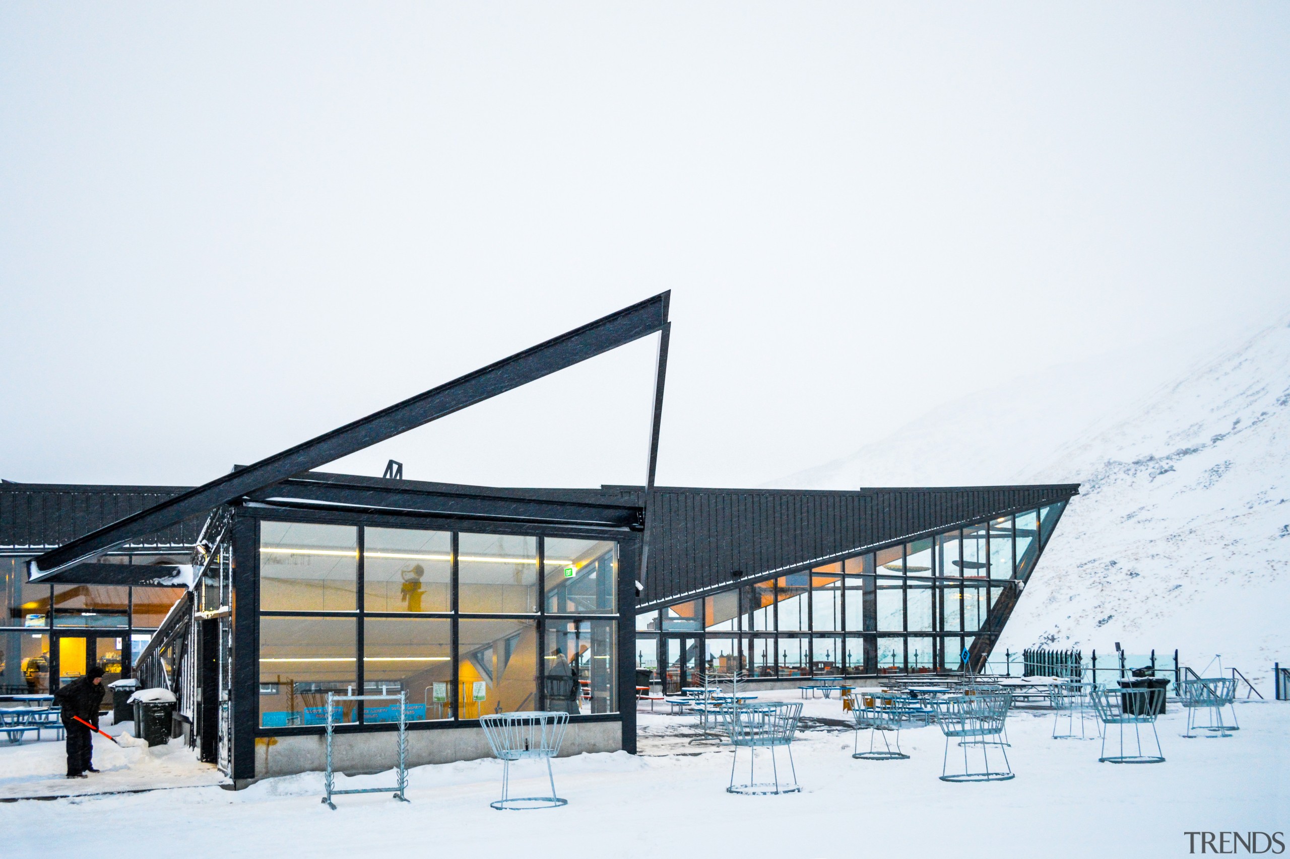 The new Remarkables Base Building optimises views from architecture, building, house, sky, snow, structure, winter, white