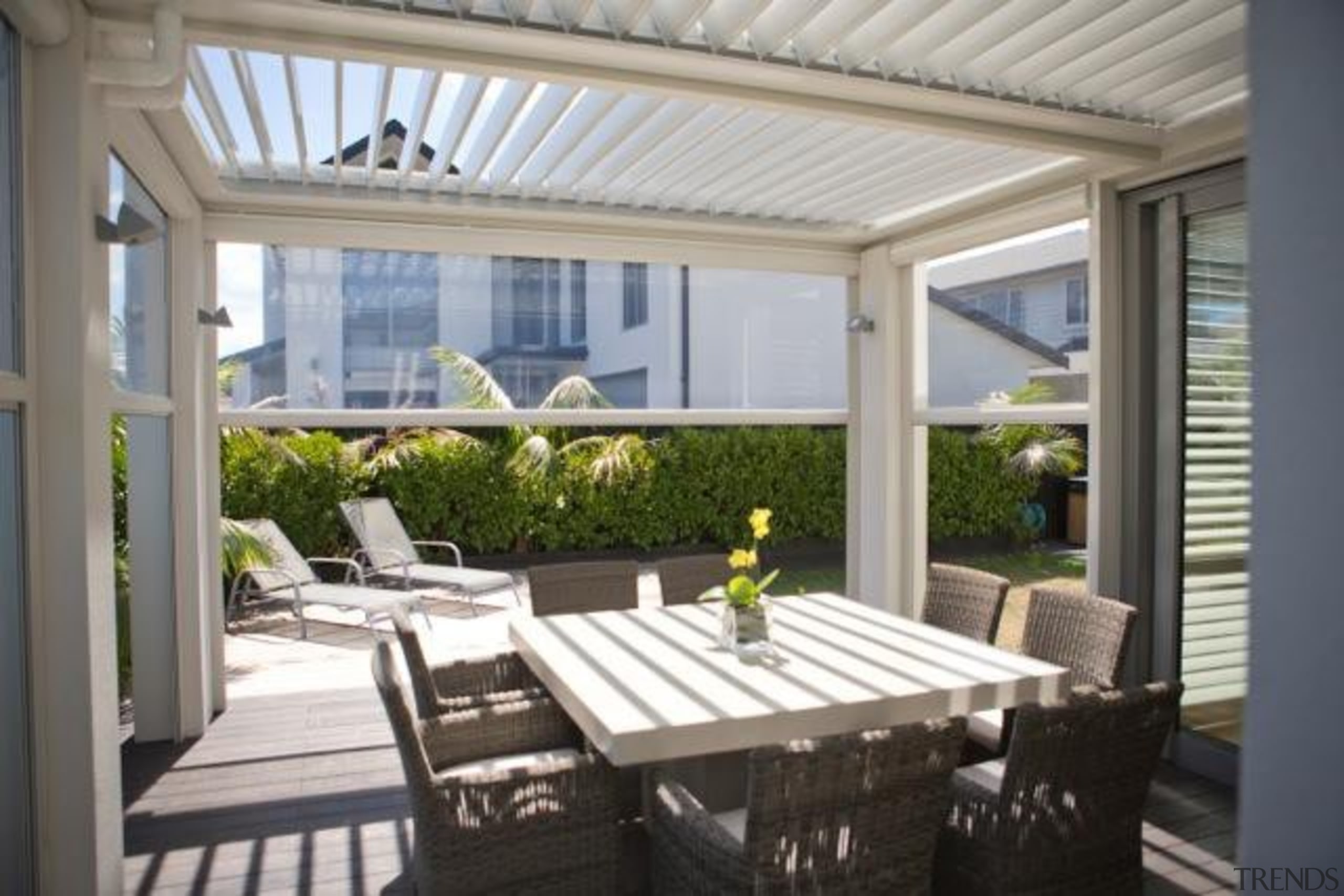 Louvretec Opening Roof with clear PVC blind - daylighting, interior design, outdoor structure, patio, real estate, roof, window, gray